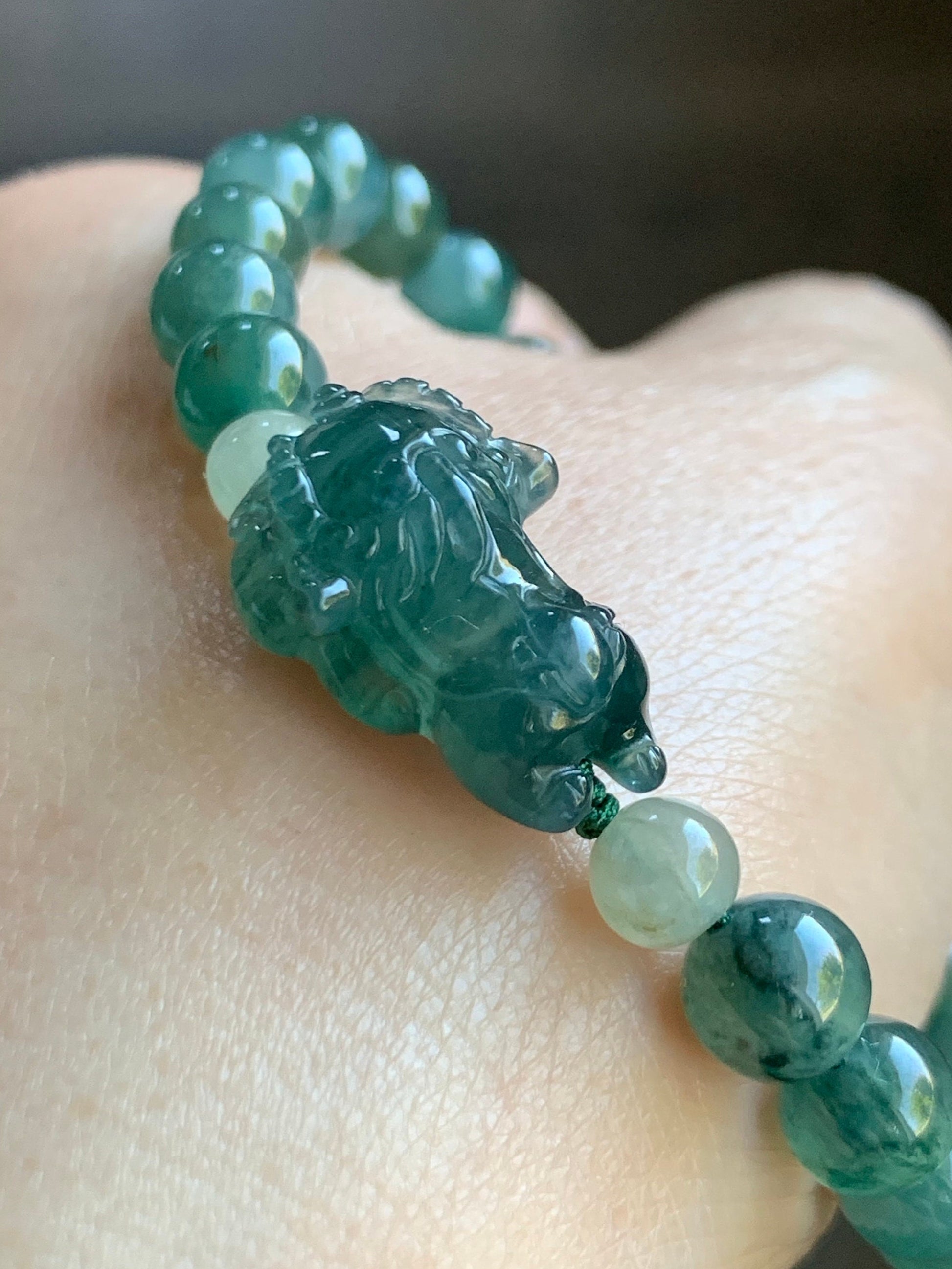 Natural Guatemalan Icy Highly Translucent Gelatinous Dark Teal Blue Jadeite Dancing Lion Beaded Bracelet 6.75” 16g 天然冰胶危湖水蓝翡翠精工雕摆烂小醒狮手串