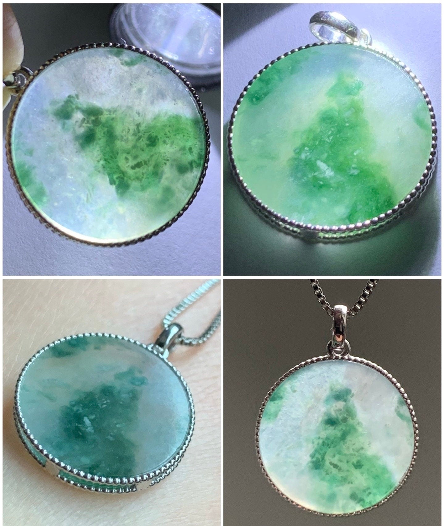 Certified Natural Burmese Icy Translucent Green Marbled Jadeite Blessing Amulet Pendant Wu Shi Pai 18K White Gold 天然缅甸冰飘花翡翠无事牌镶嵌吊坠 3299