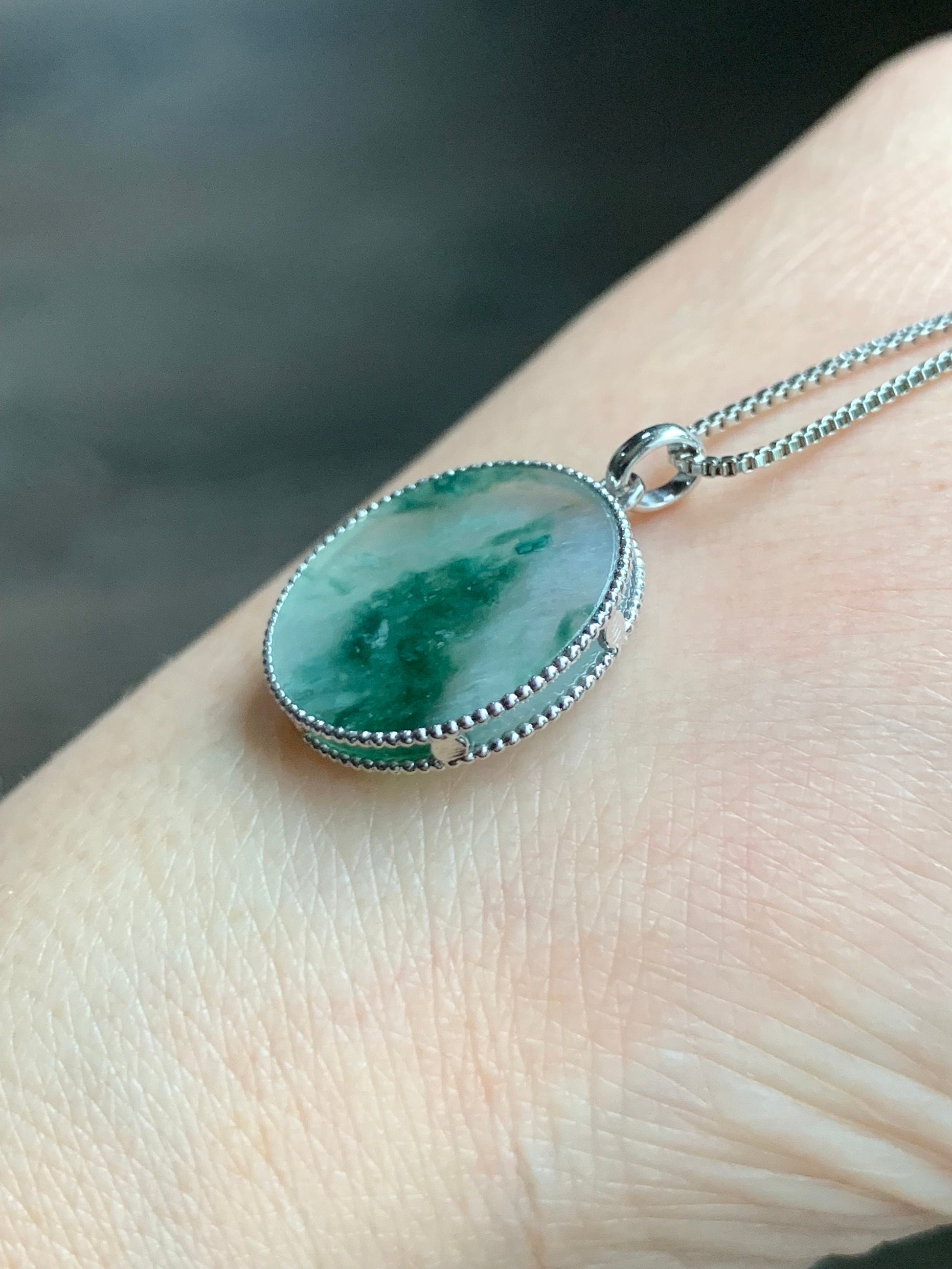 Certified Natural Burmese Icy Translucent Green Marbled Jadeite Blessing Amulet Pendant Wu Shi Pai 18K White Gold 天然缅甸冰飘花翡翠无事牌镶嵌吊坠 3299