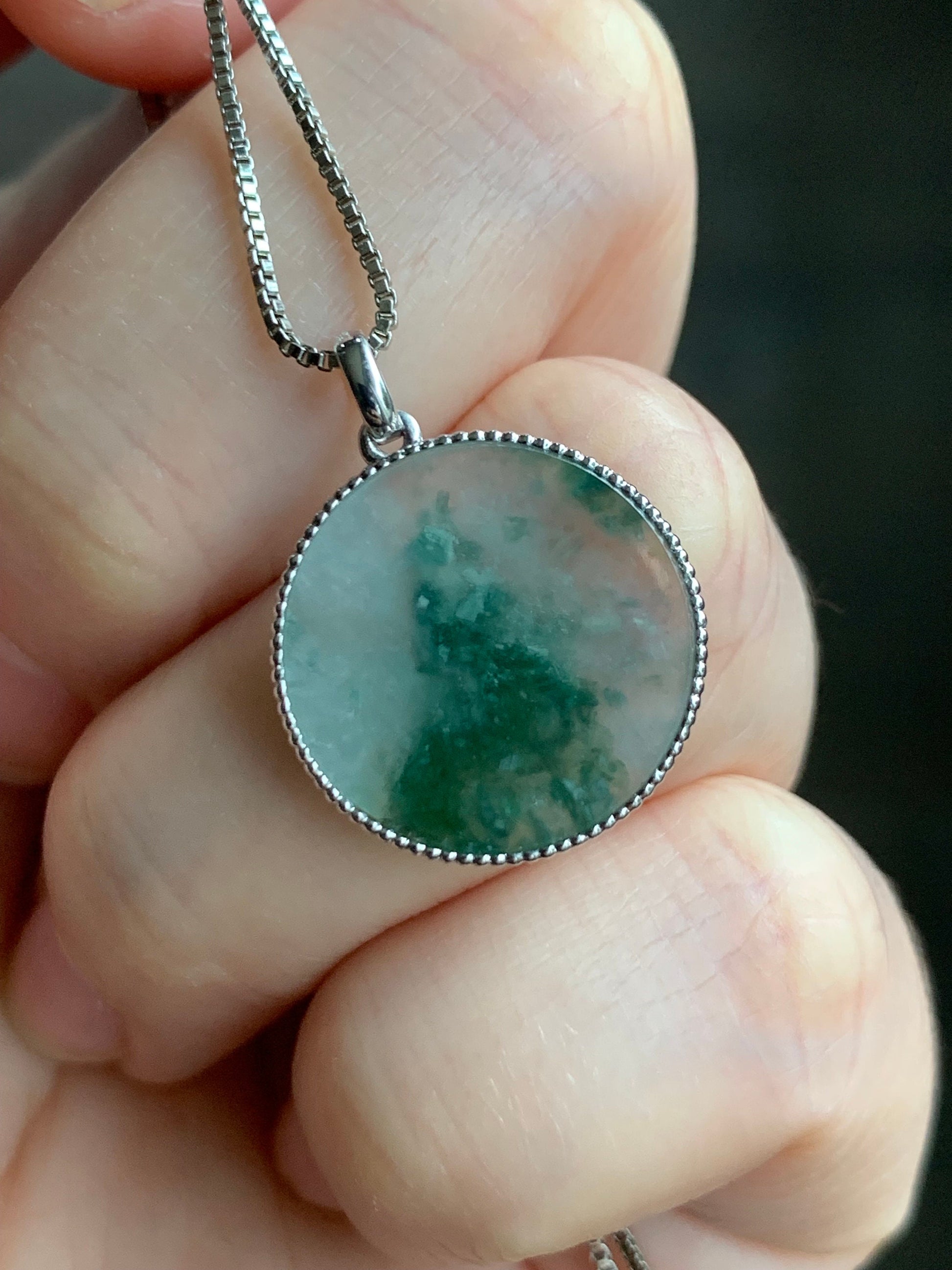 Certified Natural Burmese Icy Translucent Green Marbled Jadeite Blessing Amulet Pendant Wu Shi Pai 18K White Gold 天然缅甸冰飘花翡翠无事牌镶嵌吊坠 3299