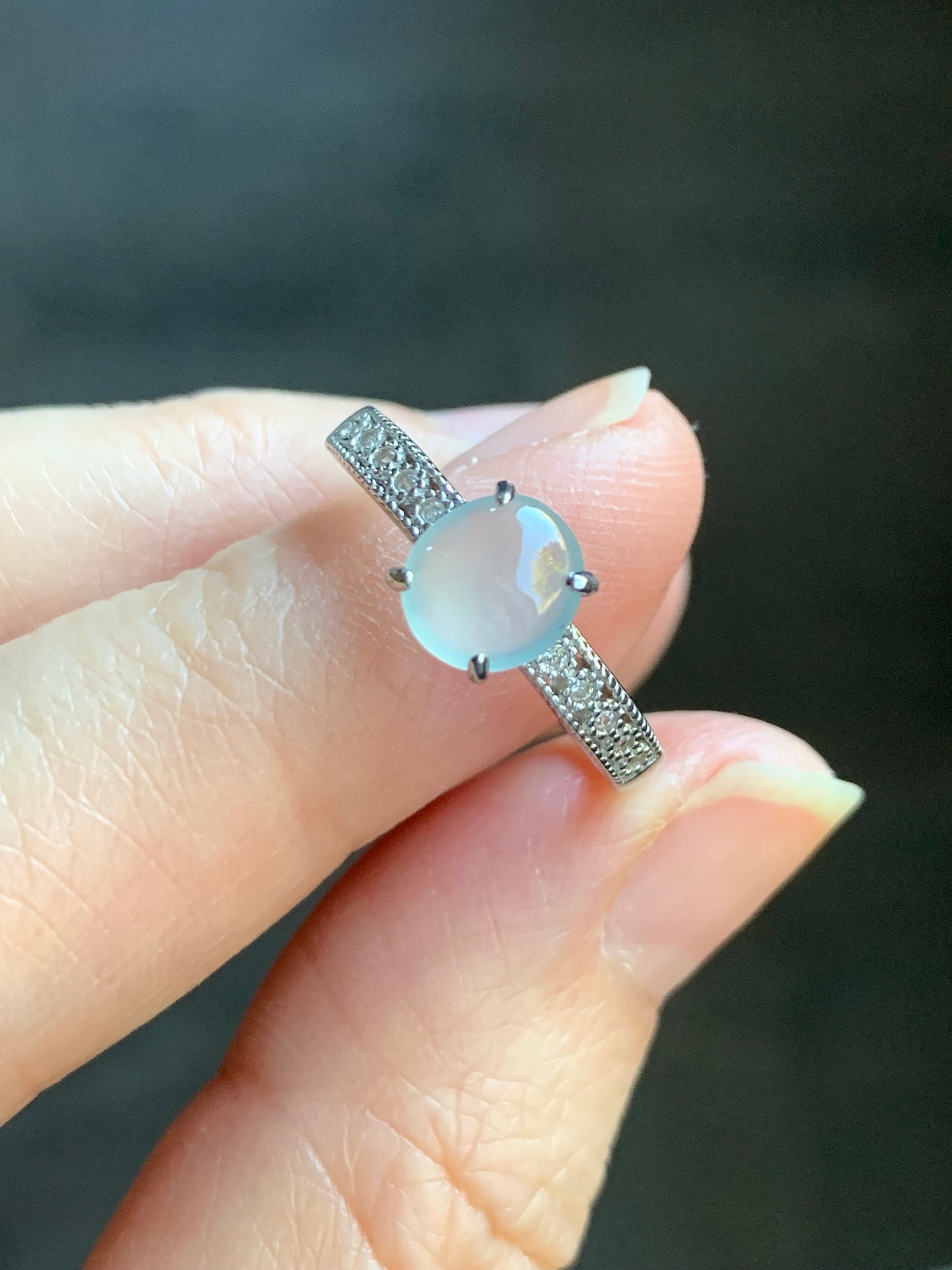 Natural Burmese Icy Highly Translucent Gelatinous White Jadeite Ring Sterling Silver Size 7 Adjustable 天然缅甸白冰翡翠蛋面银镶戒指 221A