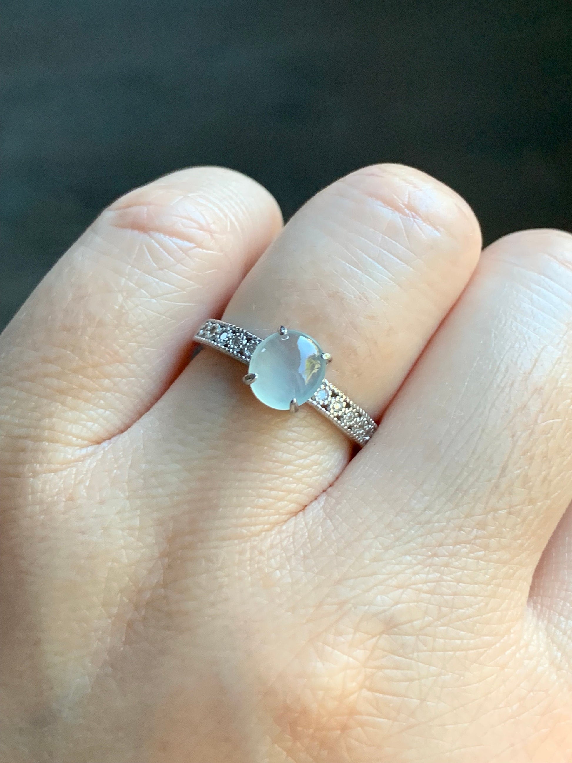 Natural Burmese Icy Highly Translucent Gelatinous White Jadeite Ring Sterling Silver Size 7 Adjustable 天然缅甸白冰翡翠蛋面银镶戒指 221A