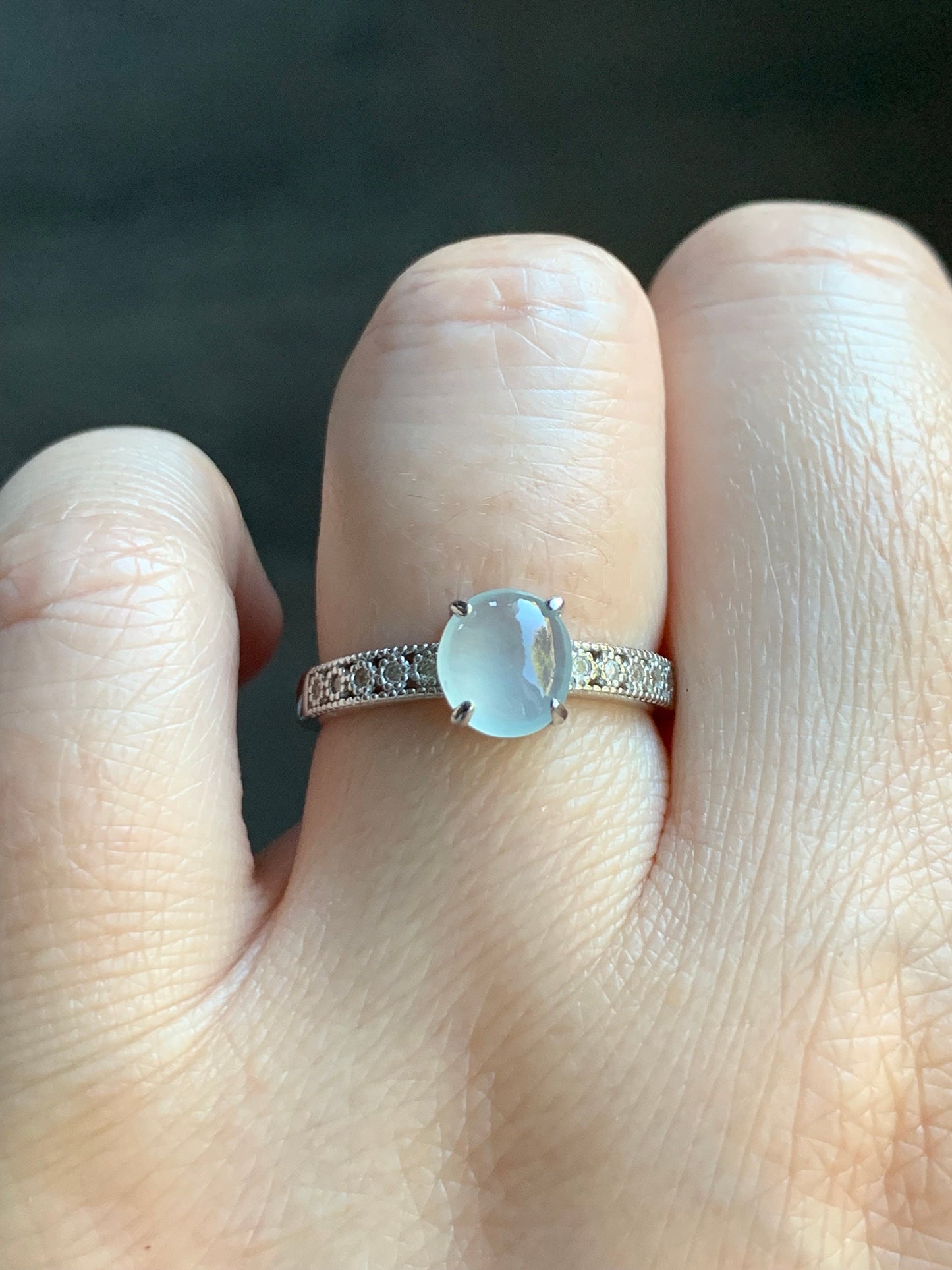 Natural Burmese Icy Highly Translucent Gelatinous White Jadeite Ring Sterling Silver Size 7 Adjustable 天然缅甸白冰翡翠蛋面银镶戒指 221A