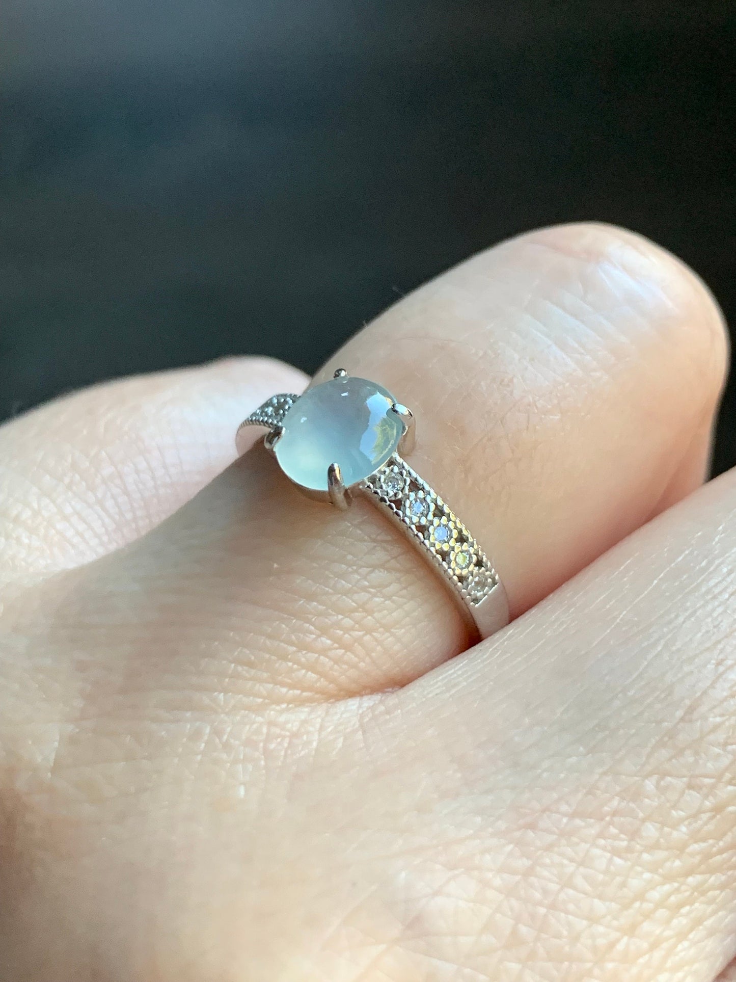 Natural Burmese Icy Highly Translucent Gelatinous White Jadeite Ring Sterling Silver Size 7 Adjustable 天然缅甸白冰翡翠蛋面银镶戒指 221A