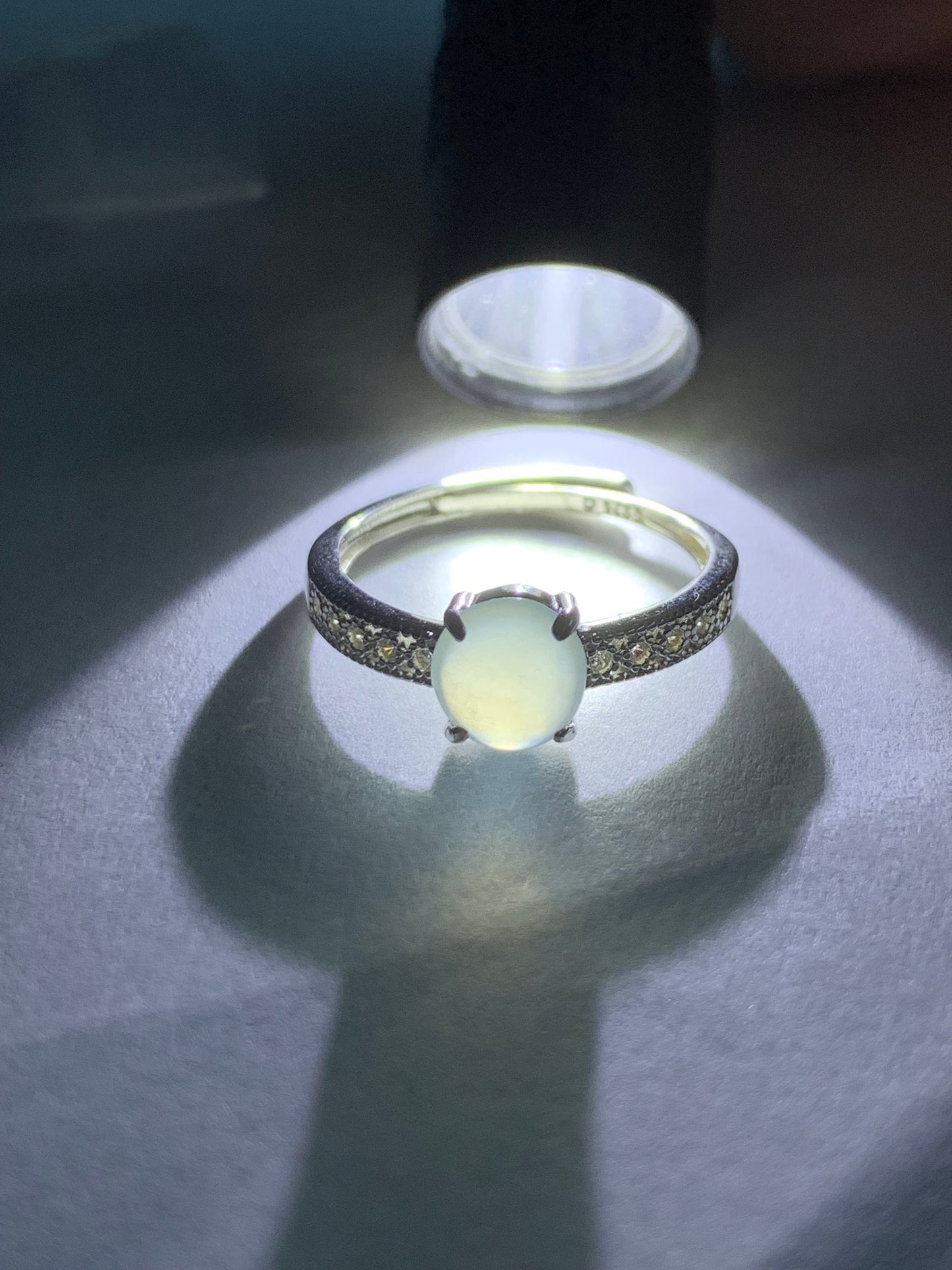 Natural Burmese Icy Highly Translucent Gelatinous White Jadeite Ring Sterling Silver Size 7 Adjustable 天然缅甸白冰翡翠蛋面银镶戒指 221A