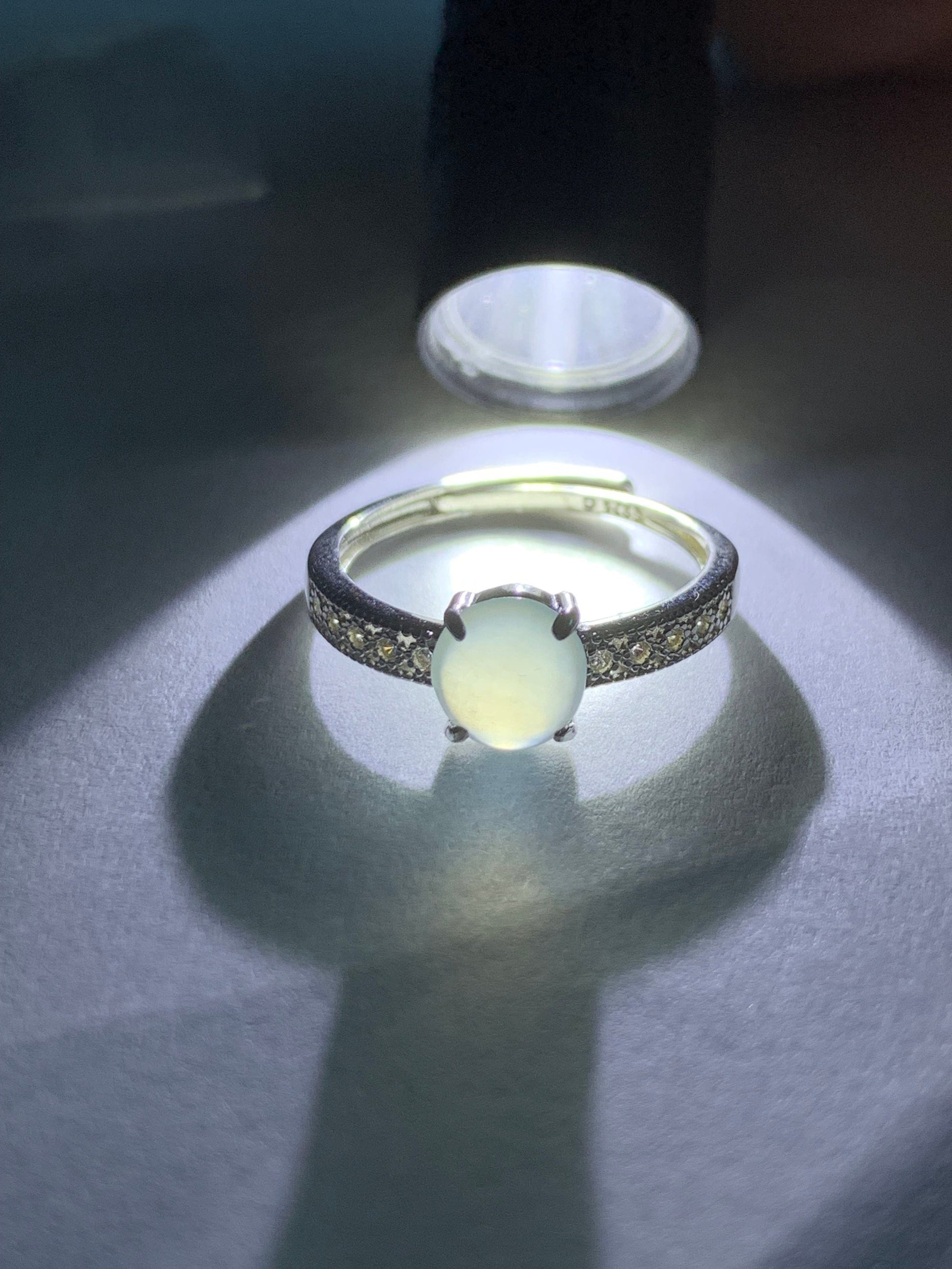 Natural Burmese Icy Highly Translucent Gelatinous White Jadeite Ring Sterling Silver Size 7 Adjustable 天然缅甸白冰翡翠蛋面银镶戒指 221A