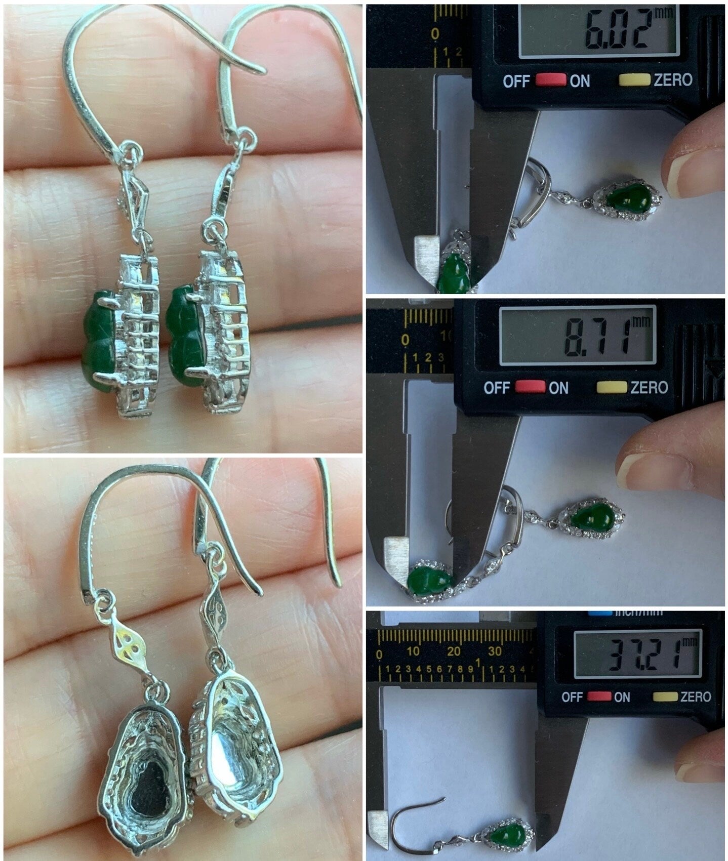 Natural Guatemalan Premium Icy Highly Translucent Vibrant Green Jadeite Hulu/Gourd Dangle Earrings S925 Silver 天然危地马拉正高冰绿翡翠葫芦银镶耳钩