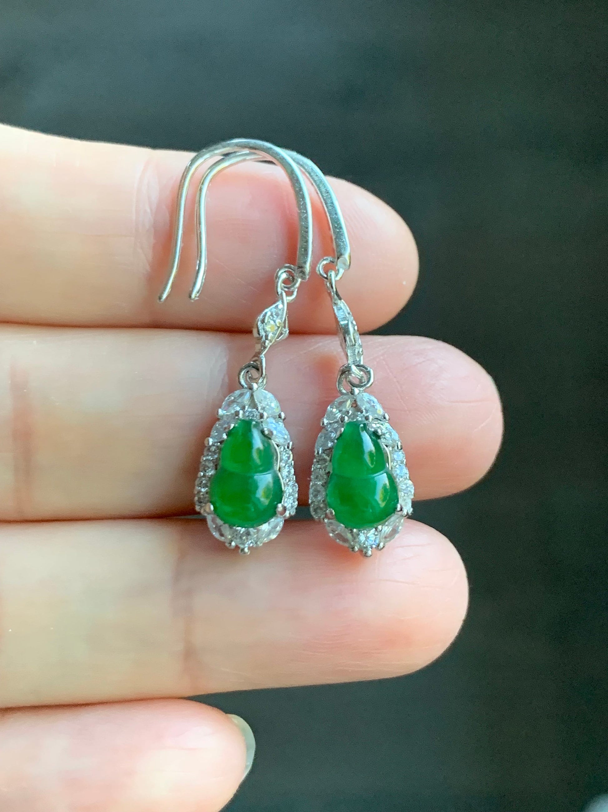 Natural Guatemalan Premium Icy Highly Translucent Vibrant Green Jadeite Hulu/Gourd Dangle Earrings S925 Silver 天然危地马拉正高冰绿翡翠葫芦银镶耳钩