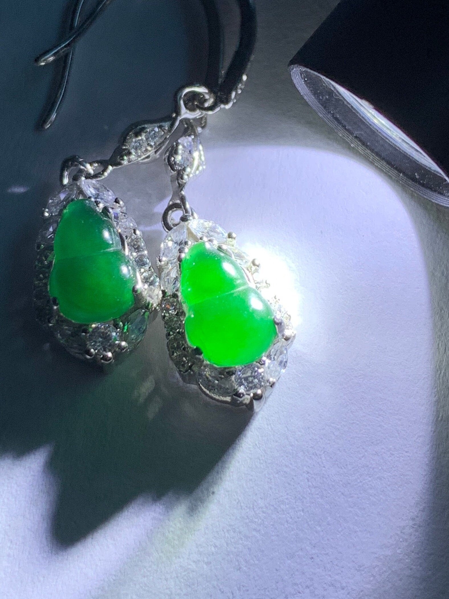 Natural Guatemalan Premium Icy Highly Translucent Vibrant Green Jadeite Hulu/Gourd Dangle Earrings S925 Silver 天然危地马拉正高冰绿翡翠葫芦银镶耳钩