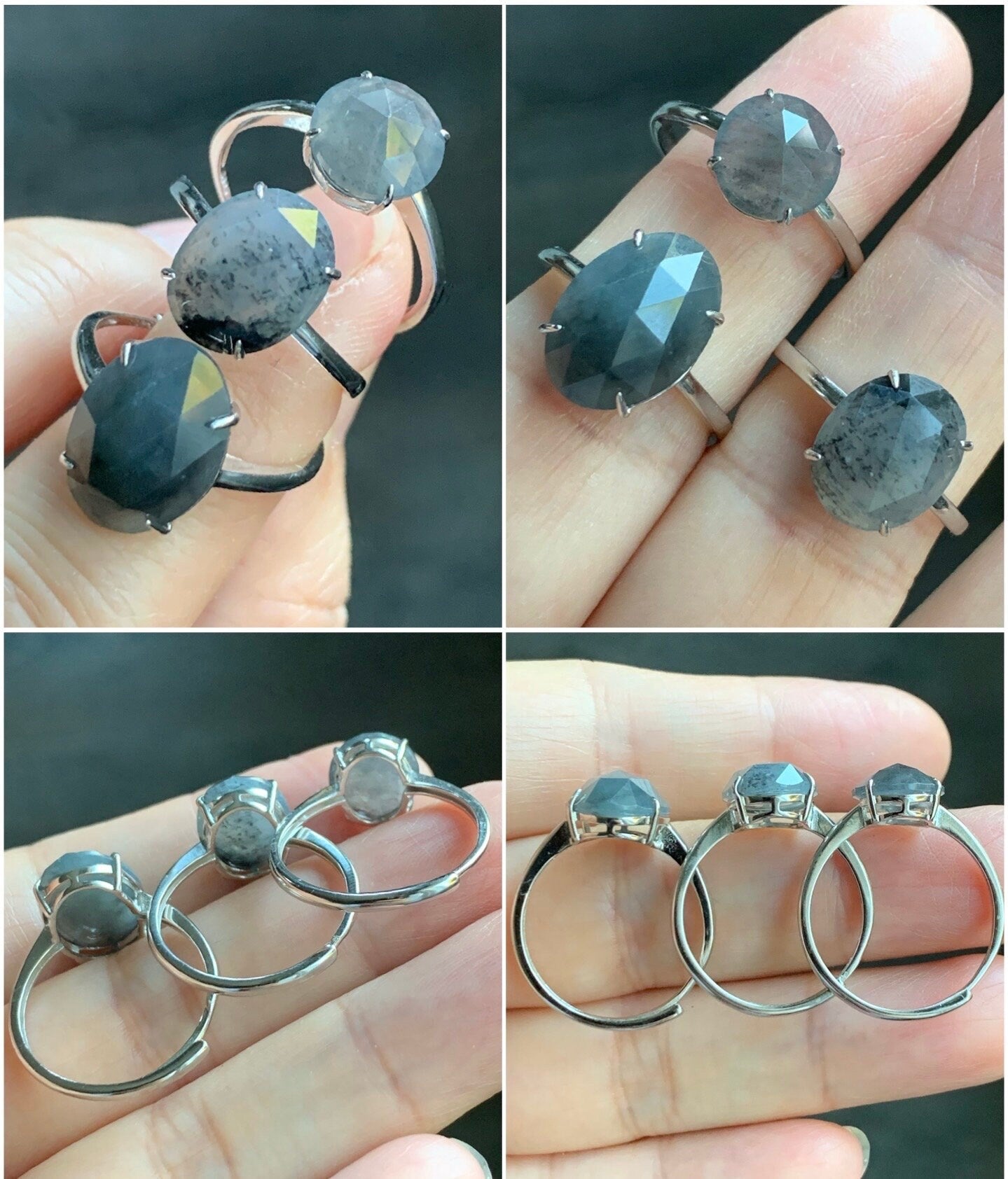 Natural Burmese Icy Translucent Wuji Diamond Faceted Jadeite Cabochon Ring Sterling Silver Size 7 Adjustable 天然缅甸冰乌鸡翡翠钻石切割面蛋面银镶戒指 MWJQ60