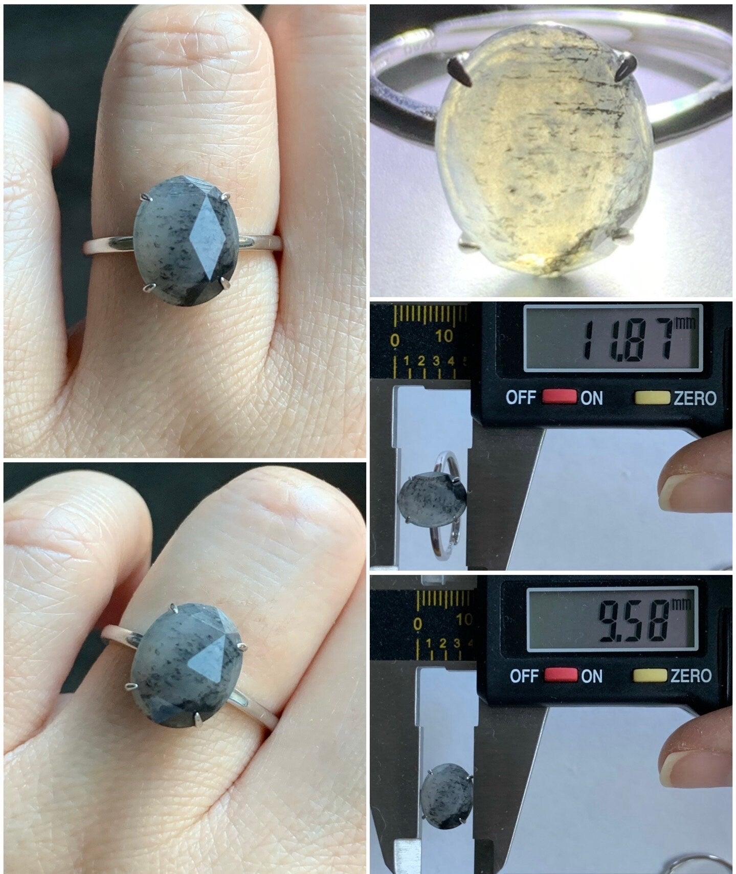 Natural Burmese Icy Translucent Wuji Diamond Faceted Jadeite Cabochon Ring Sterling Silver Size 7 Adjustable 天然缅甸冰乌鸡翡翠钻石切割面蛋面银镶戒指 MWJQ60