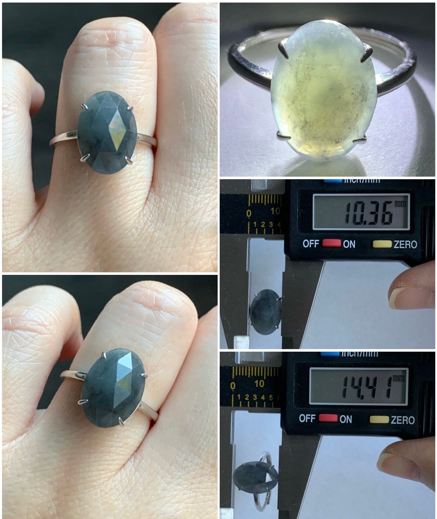 Natural Burmese Icy Translucent Wuji Diamond Faceted Jadeite Cabochon Ring Sterling Silver Size 7 Adjustable 天然缅甸冰乌鸡翡翠钻石切割面蛋面银镶戒指 MWJQ60