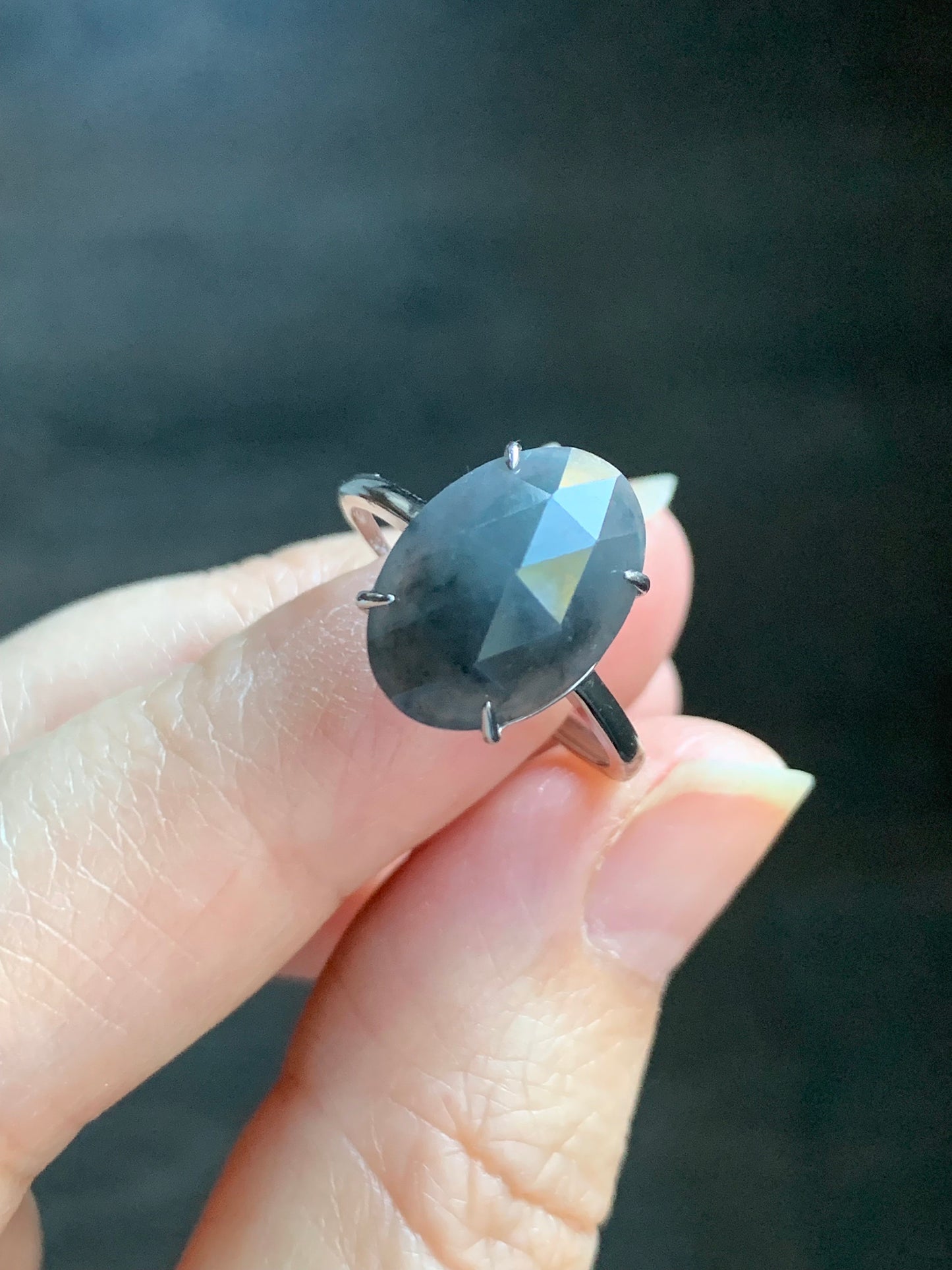 Natural Burmese Icy Translucent Wuji Diamond Faceted Jadeite Cabochon Ring Sterling Silver Size 7 Adjustable 天然缅甸冰乌鸡翡翠钻石切割面蛋面银镶戒指 MWJQ60