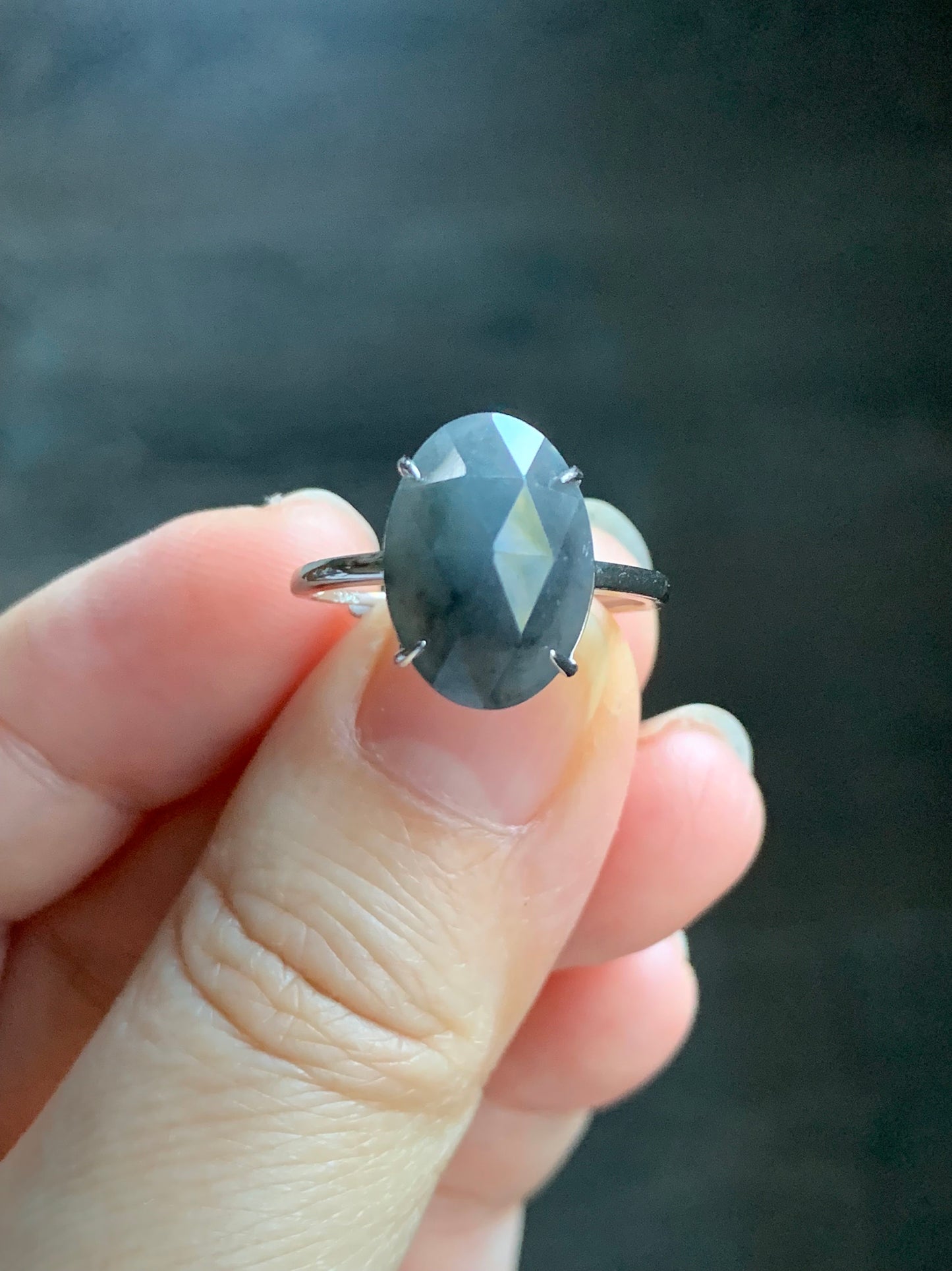 Natural Burmese Icy Translucent Wuji Diamond Faceted Jadeite Cabochon Ring Sterling Silver Size 7 Adjustable 天然缅甸冰乌鸡翡翠钻石切割面蛋面银镶戒指 MWJQ60