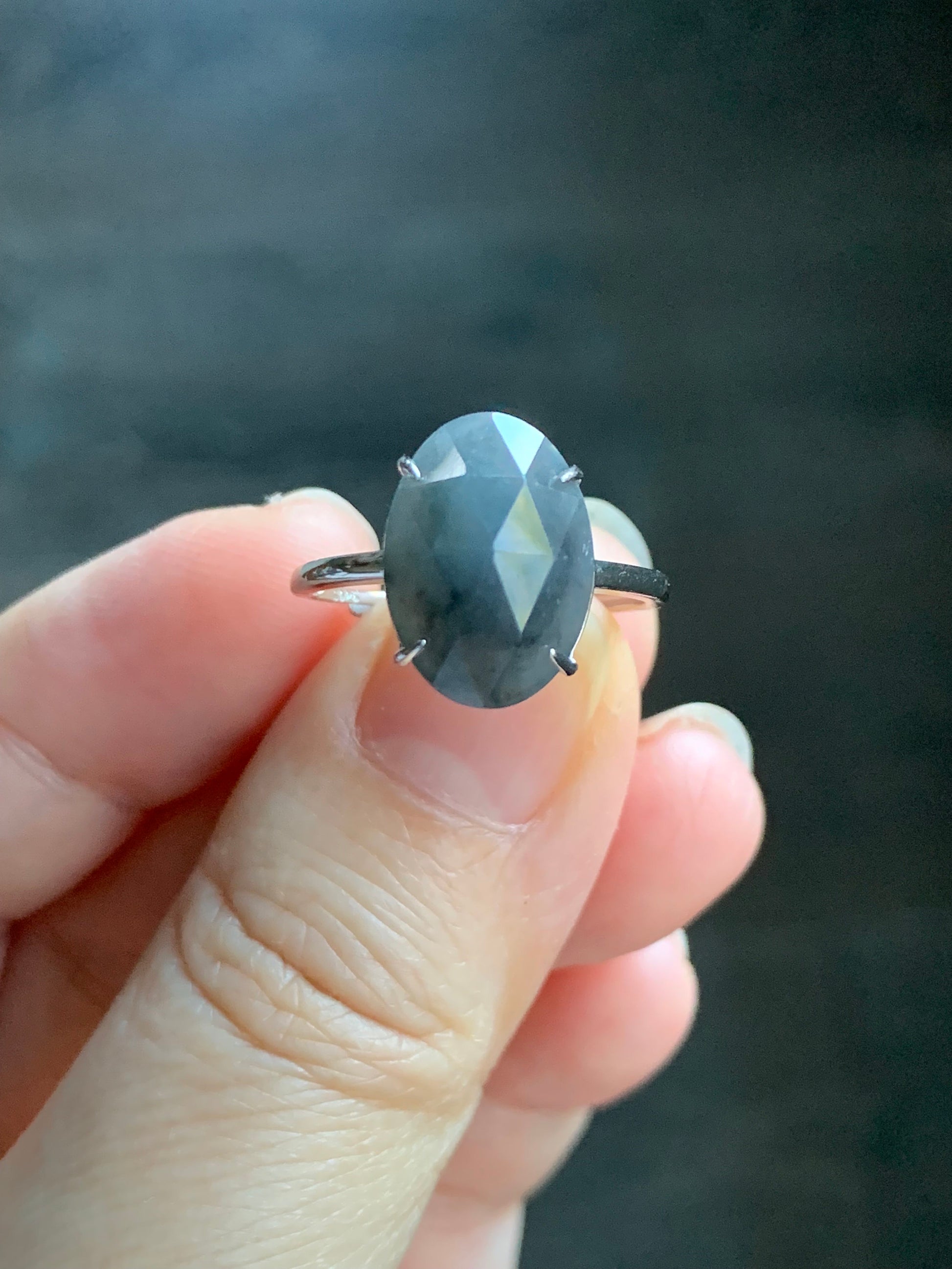 Natural Burmese Icy Translucent Wuji Diamond Faceted Jadeite Cabochon Ring Sterling Silver Size 7 Adjustable 天然缅甸冰乌鸡翡翠钻石切割面蛋面银镶戒指 MWJQ60