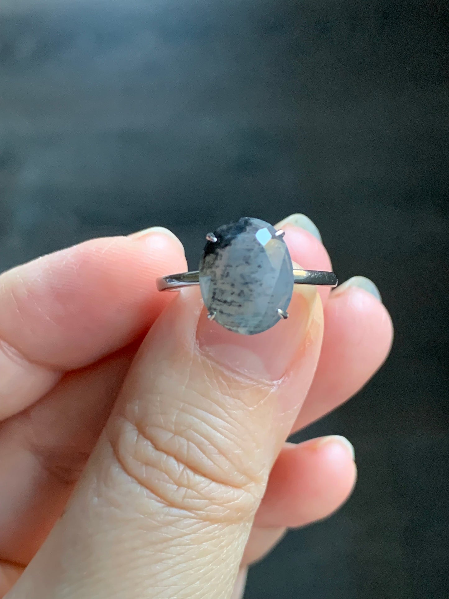 Natural Burmese Icy Translucent Wuji Diamond Faceted Jadeite Cabochon Ring Sterling Silver Size 7 Adjustable 天然缅甸冰乌鸡翡翠钻石切割面蛋面银镶戒指 MWJQ60