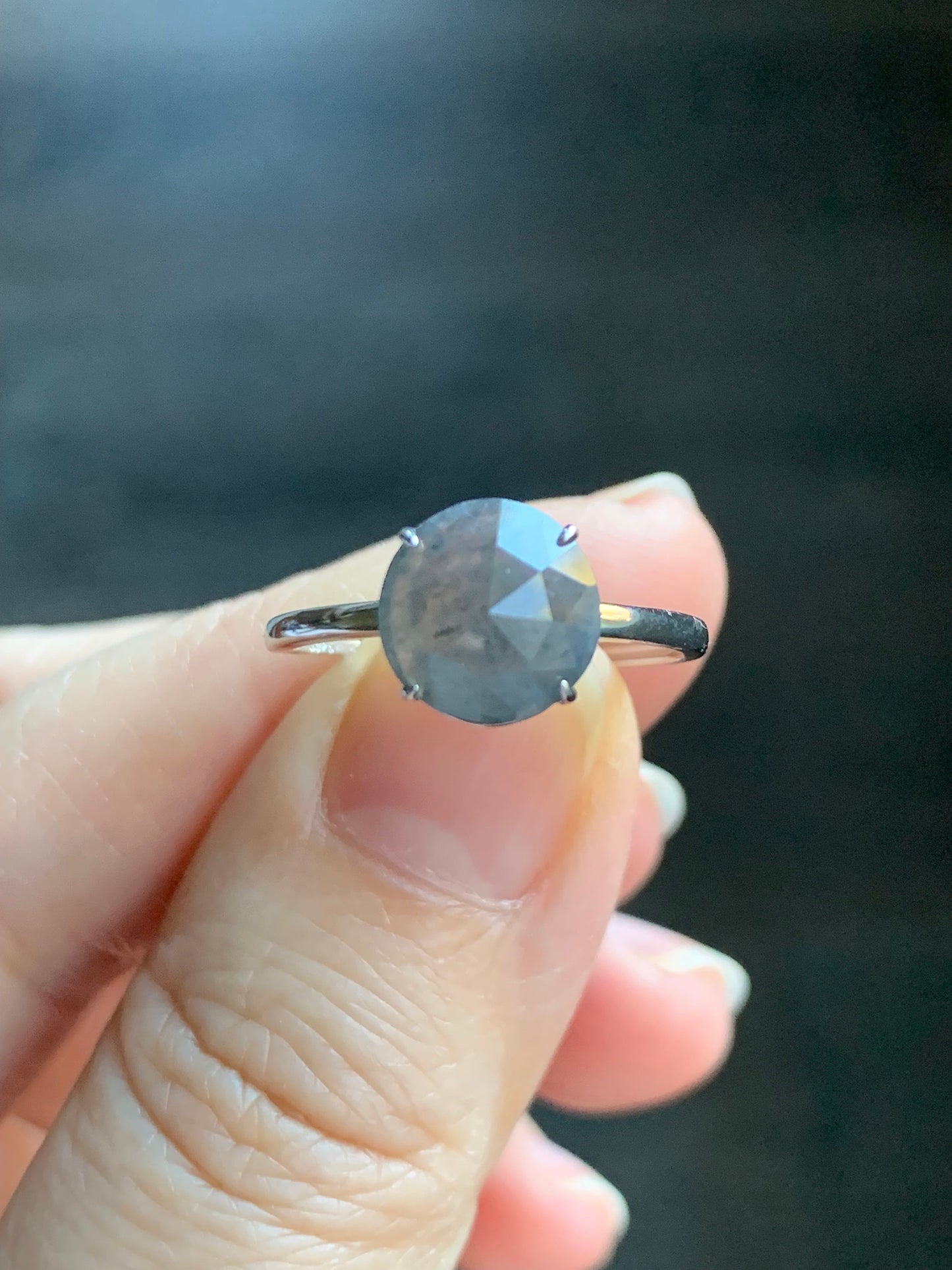 Natural Burmese Icy Translucent Wuji Diamond Faceted Jadeite Cabochon Ring Sterling Silver Size 7 Adjustable 天然缅甸冰乌鸡翡翠钻石切割面蛋面银镶戒指 MWJQ60