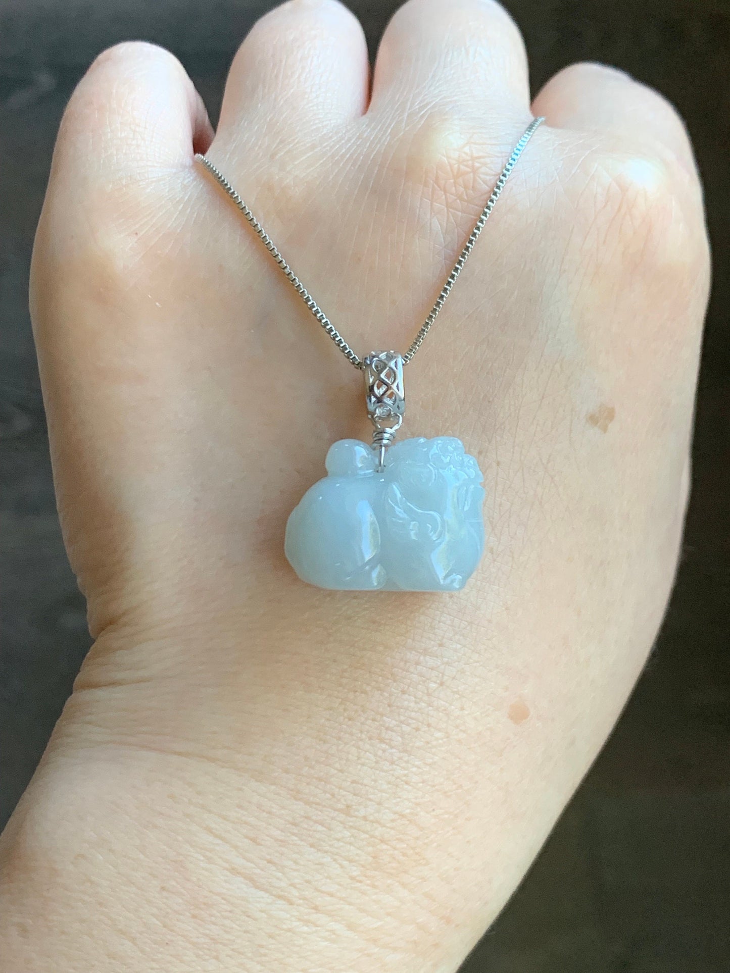 Natural Burmese Icy Translucent Light Blue Jadeite Carved Flying Pixiu Pendant Sterling Silver Bail 天然缅甸冰胶淡蓝翡翠飞天貔貅吊坠