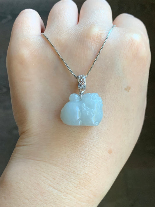 Natural Burmese Icy Translucent Light Blue Jadeite Carved Flying Pixiu Pendant Sterling Silver Bail 天然缅甸冰胶淡蓝翡翠飞天貔貅吊坠