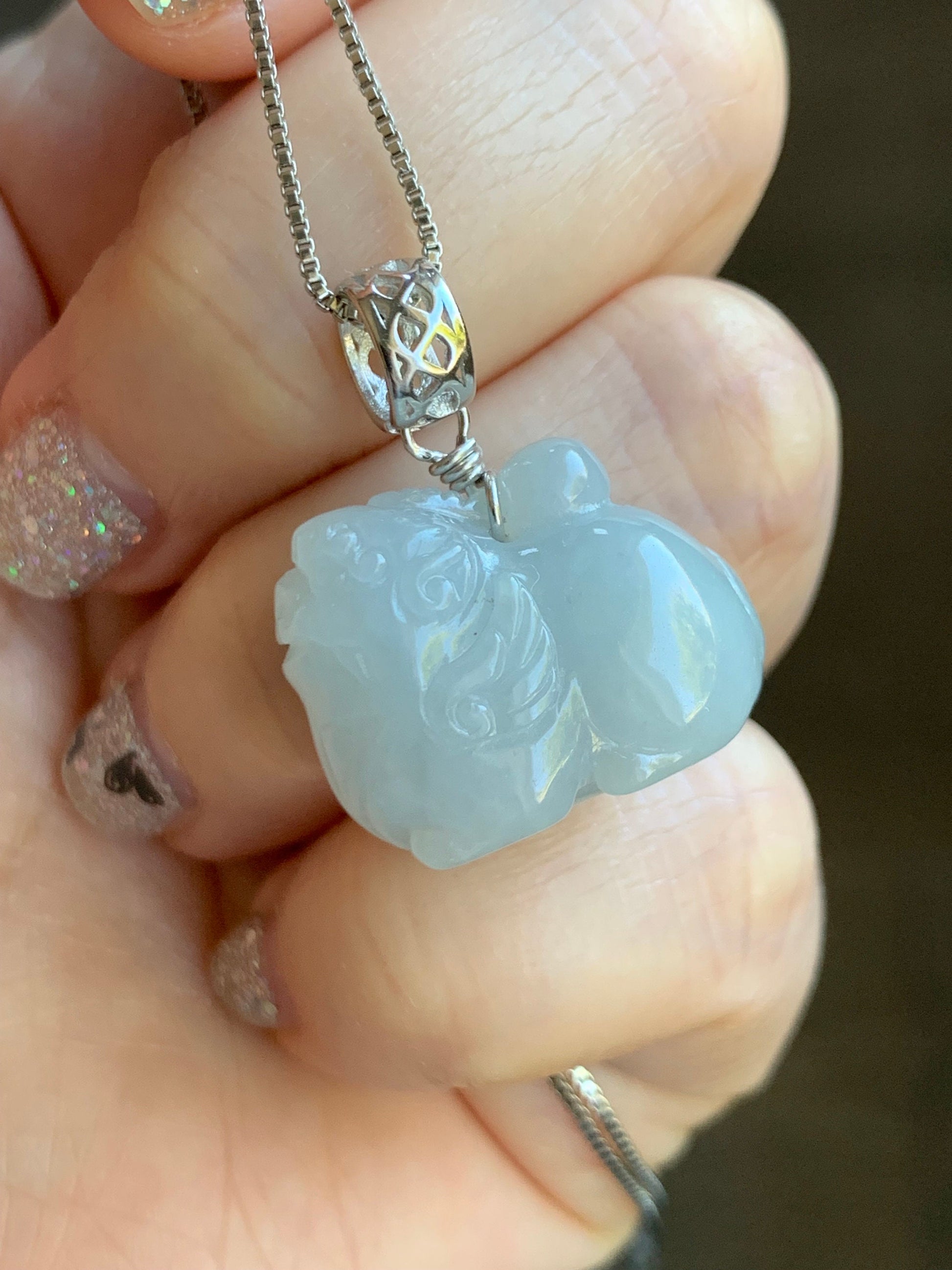 Natural Burmese Icy Translucent Light Blue Jadeite Carved Flying Pixiu Pendant Sterling Silver Bail 天然缅甸冰胶淡蓝翡翠飞天貔貅吊坠