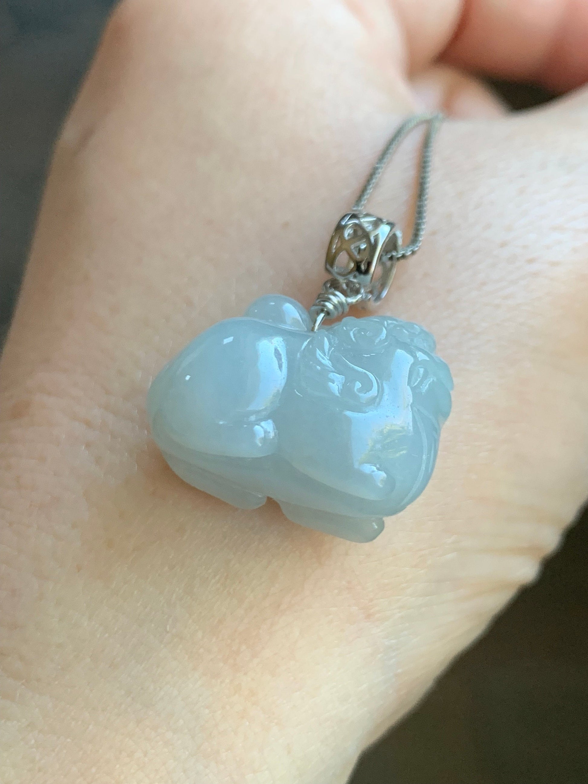 Natural Burmese Icy Translucent Light Blue Jadeite Carved Flying Pixiu Pendant Sterling Silver Bail 天然缅甸冰胶淡蓝翡翠飞天貔貅吊坠