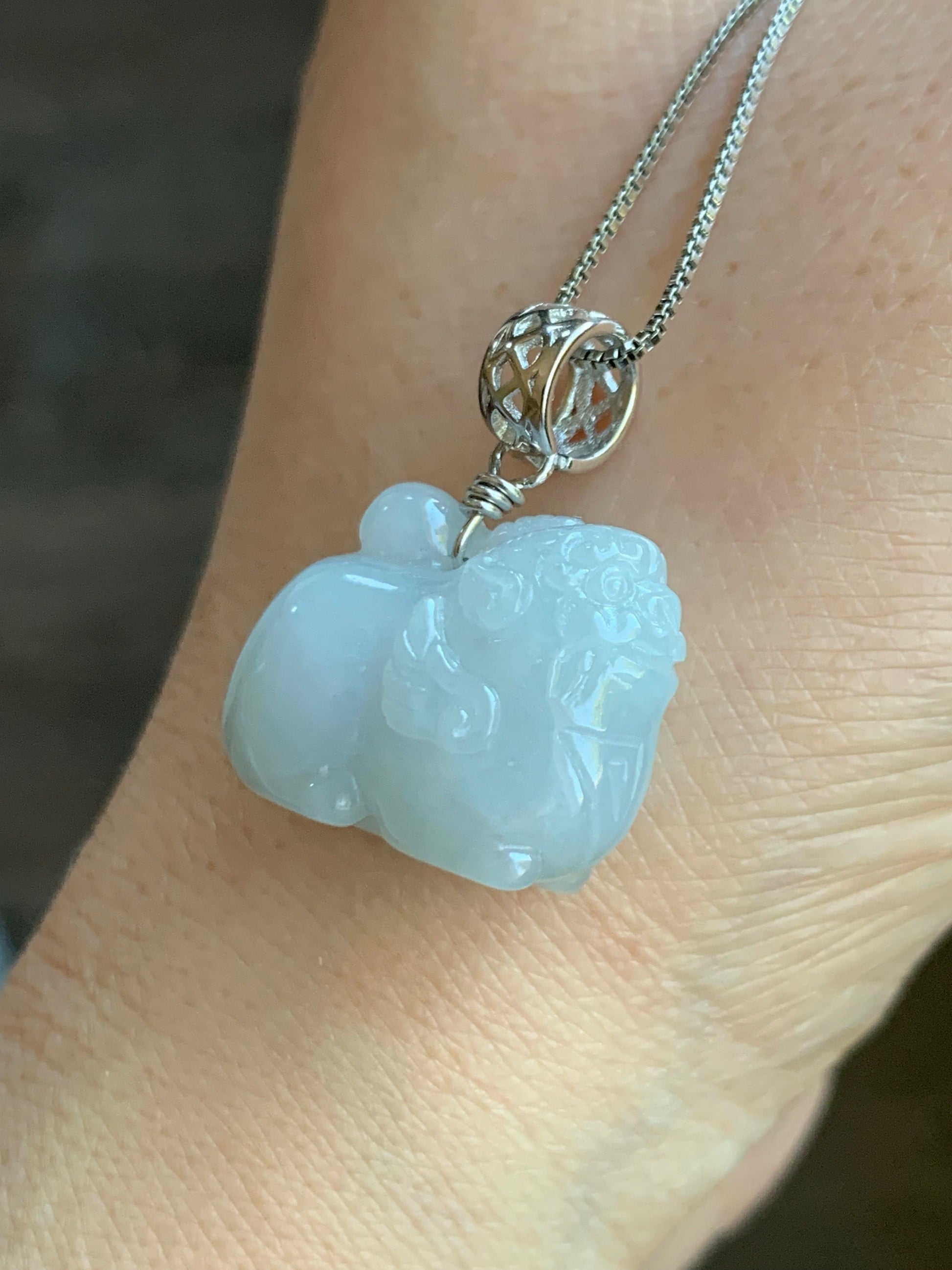 Natural Burmese Icy Translucent Light Blue Jadeite Carved Flying Pixiu Pendant Sterling Silver Bail 天然缅甸冰胶淡蓝翡翠飞天貔貅吊坠
