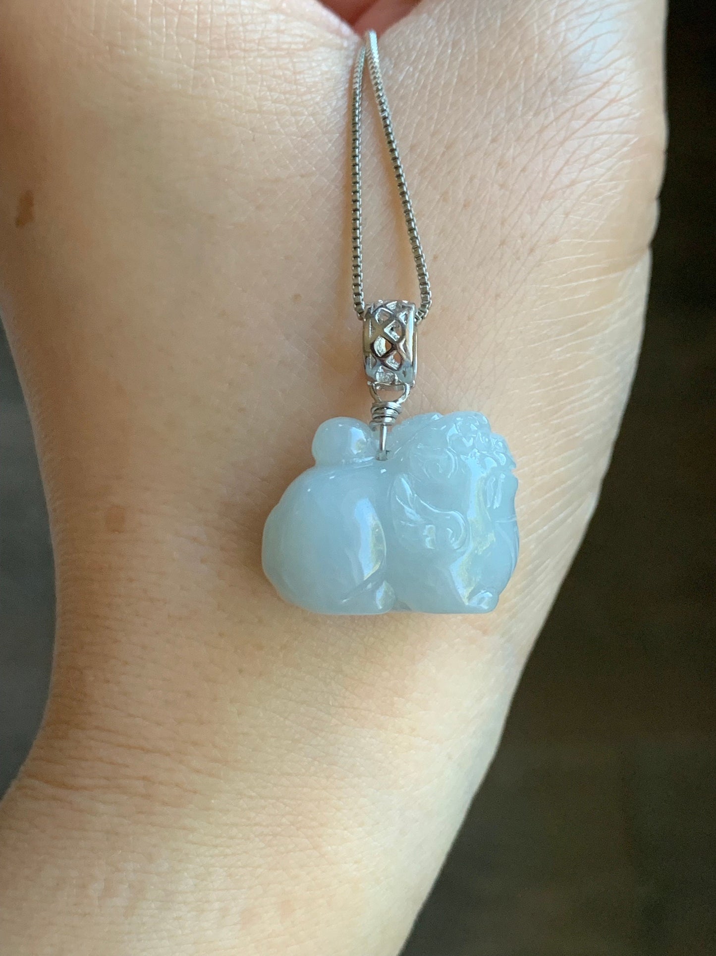 Natural Burmese Icy Translucent Light Blue Jadeite Carved Flying Pixiu Pendant Sterling Silver Bail 天然缅甸冰胶淡蓝翡翠飞天貔貅吊坠