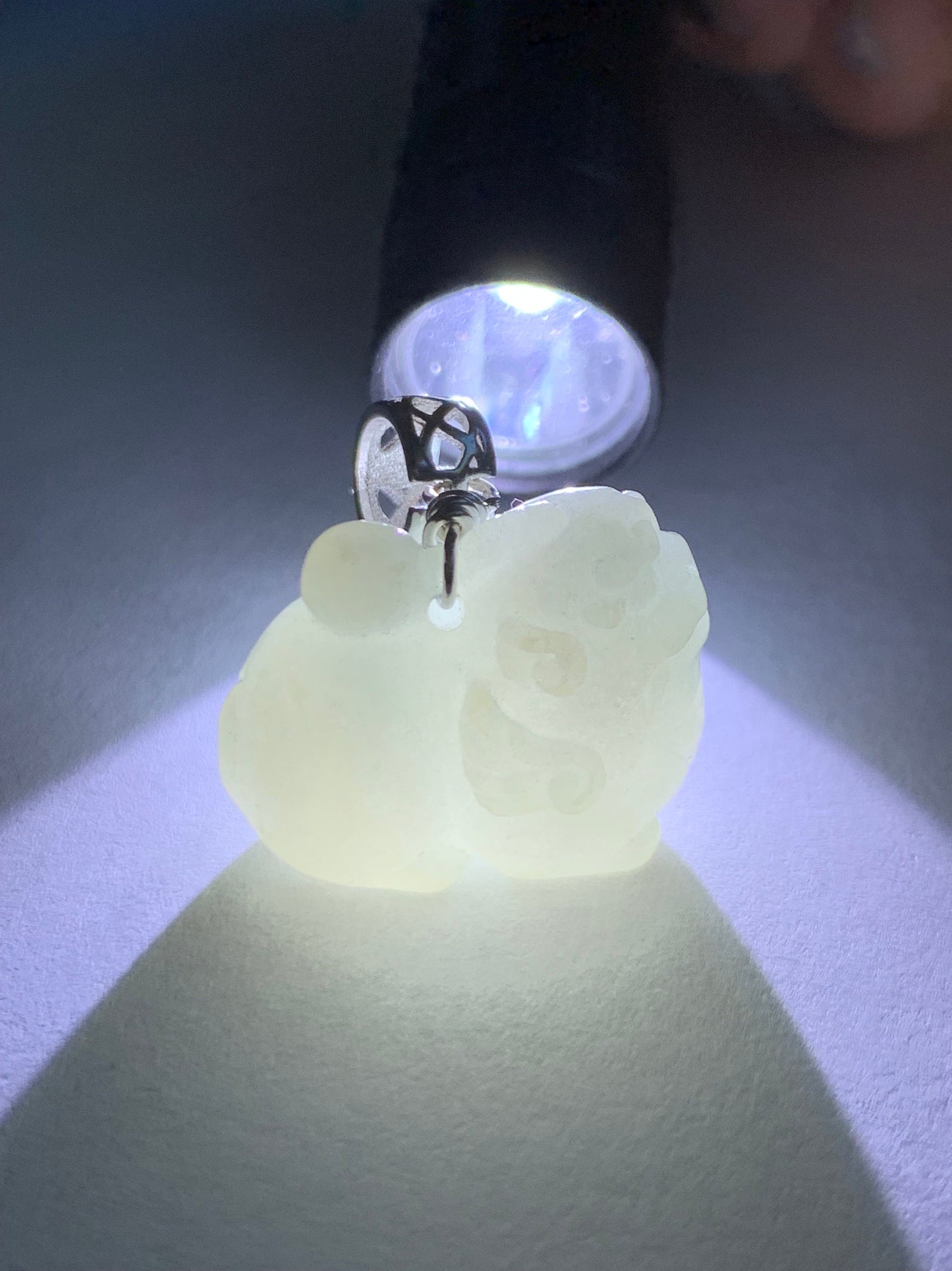 Natural Burmese Icy Translucent Light Blue Jadeite Carved Flying Pixiu Pendant Sterling Silver Bail 天然缅甸冰胶淡蓝翡翠飞天貔貅吊坠