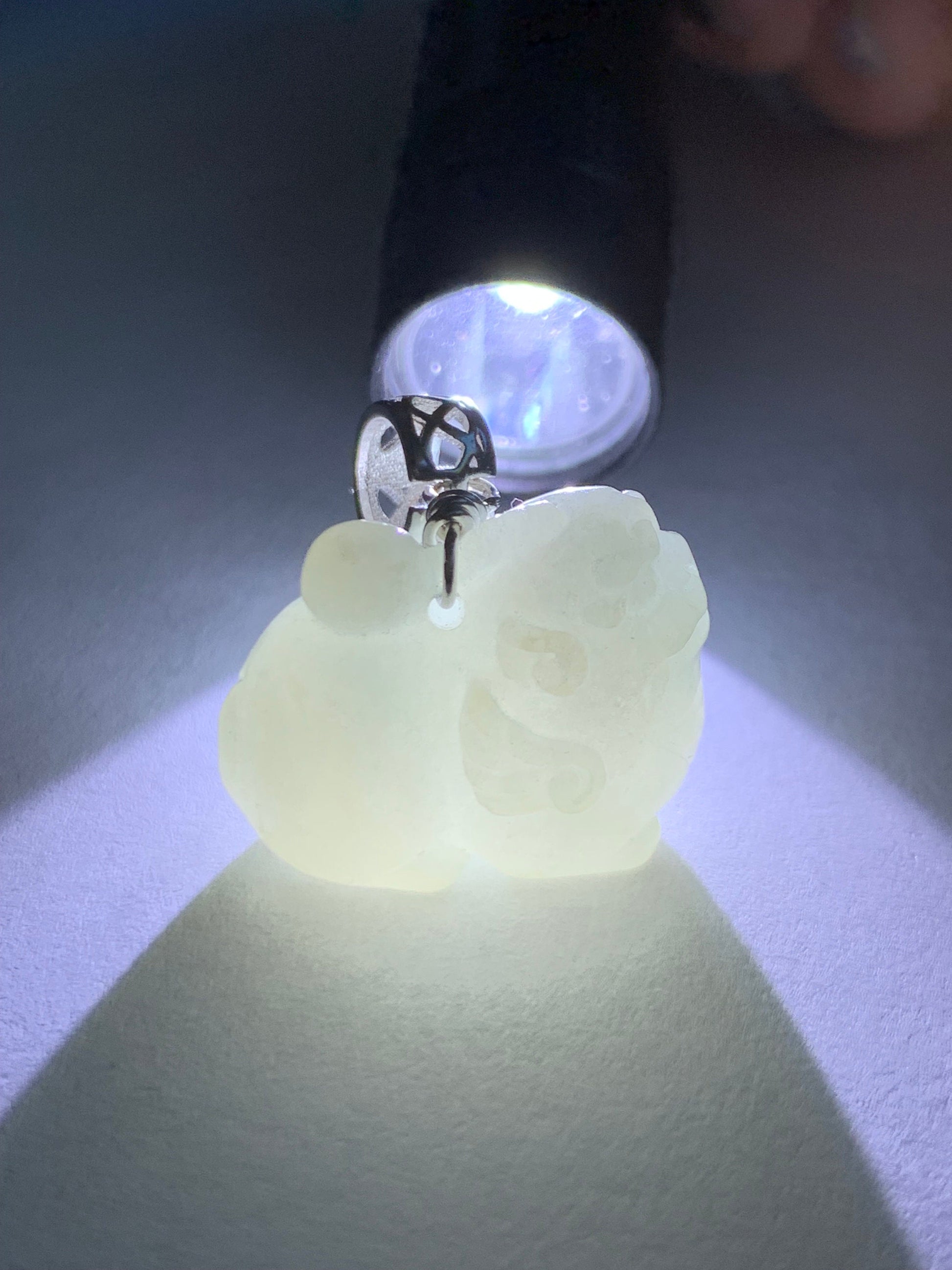 Natural Burmese Icy Translucent Light Blue Jadeite Carved Flying Pixiu Pendant Sterling Silver Bail 天然缅甸冰胶淡蓝翡翠飞天貔貅吊坠