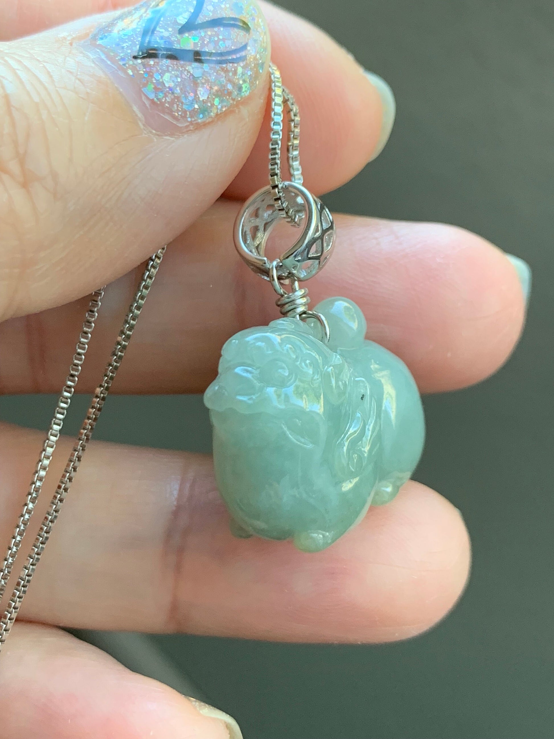 Natural Burmese Icy Translucent Dusty Light Green Jadeite Carved Flying Pixiu Pendant Sterling Silver Bail 天然缅甸冰暗绿翡翠飞天貔貅吊坠