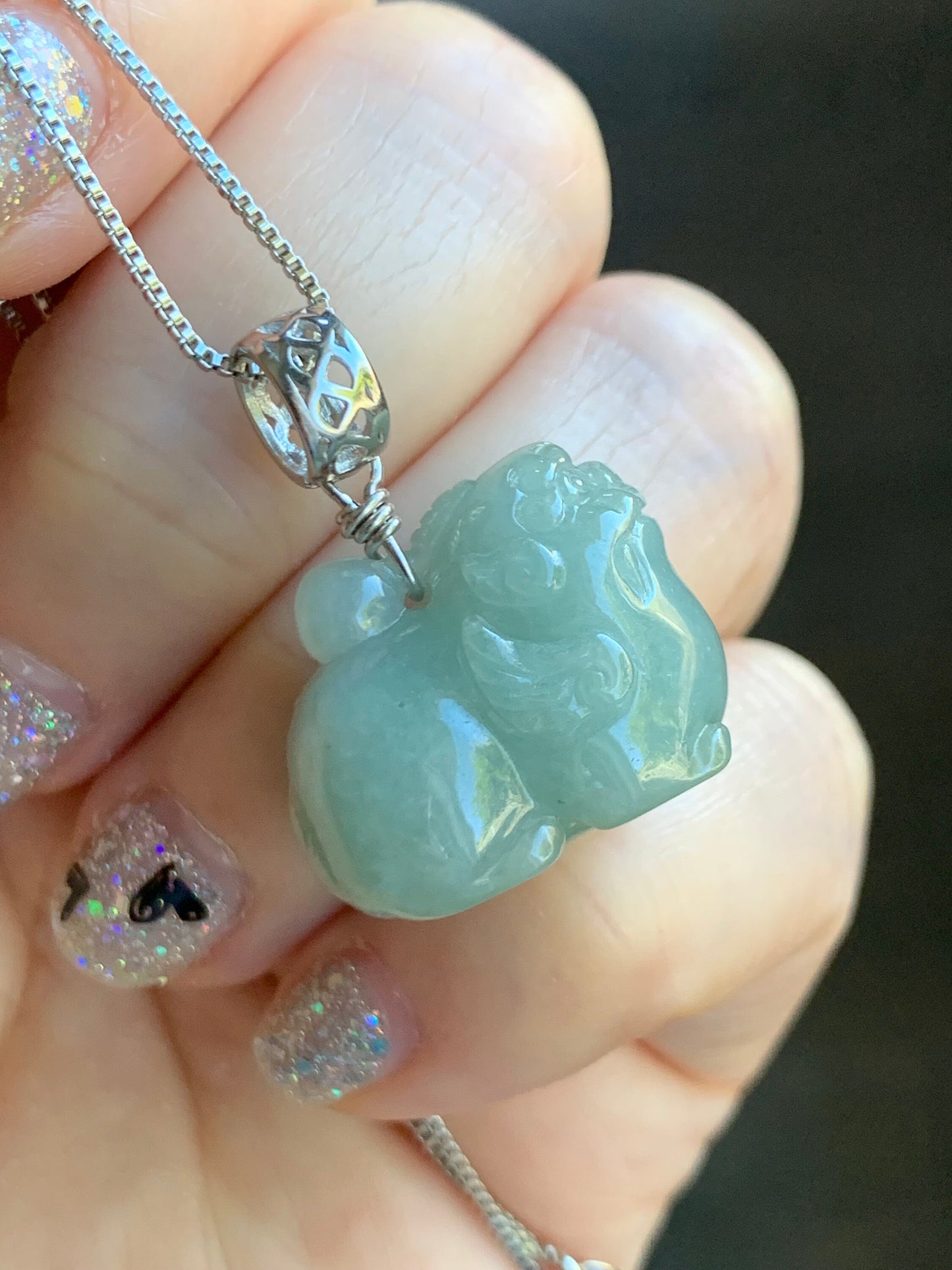 Natural Burmese Icy Translucent Dusty Light Green Jadeite Carved Flying Pixiu Pendant Sterling Silver Bail 天然缅甸冰暗绿翡翠飞天貔貅吊坠