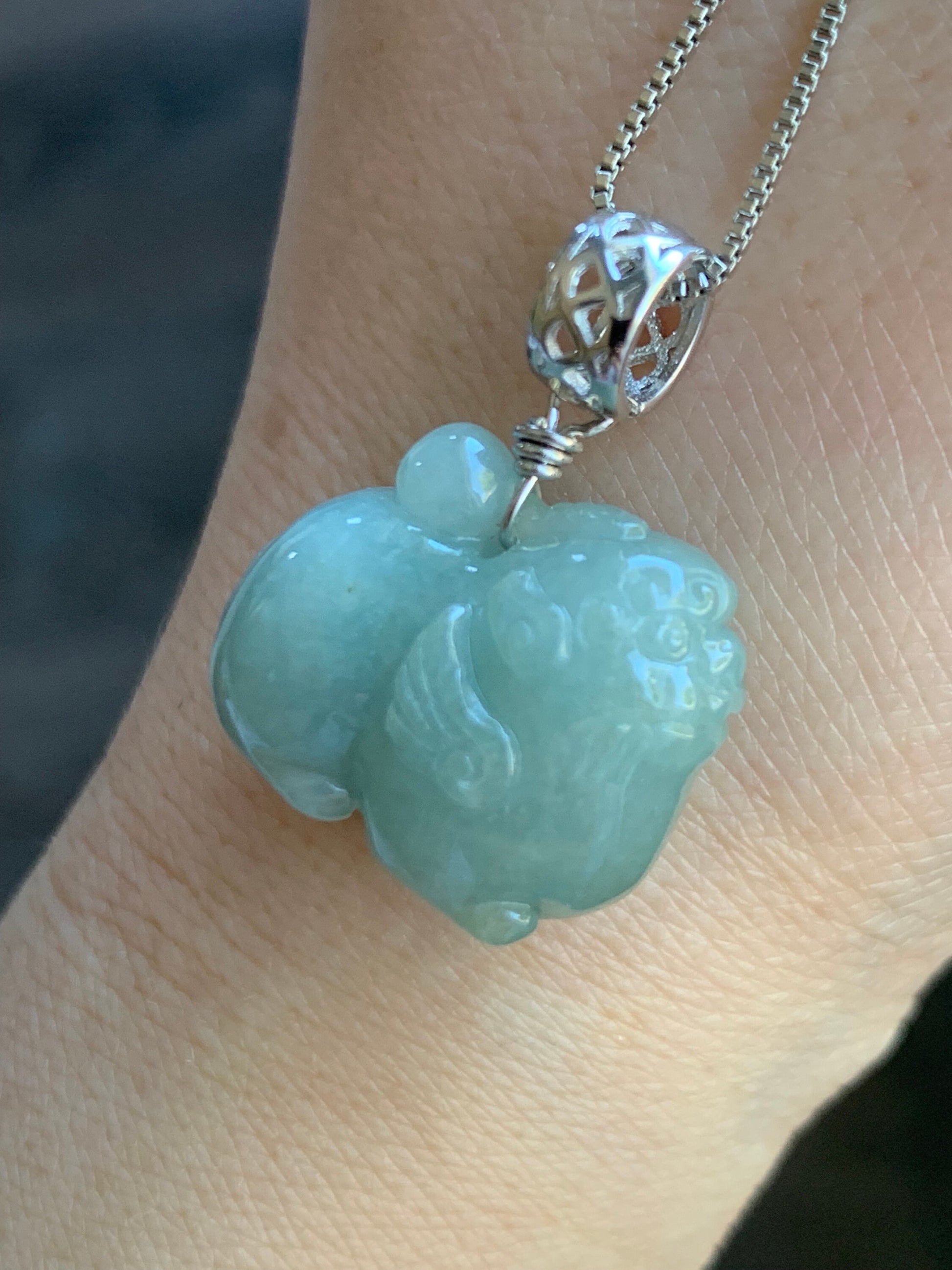 Natural Burmese Icy Translucent Dusty Light Green Jadeite Carved Flying Pixiu Pendant Sterling Silver Bail 天然缅甸冰暗绿翡翠飞天貔貅吊坠