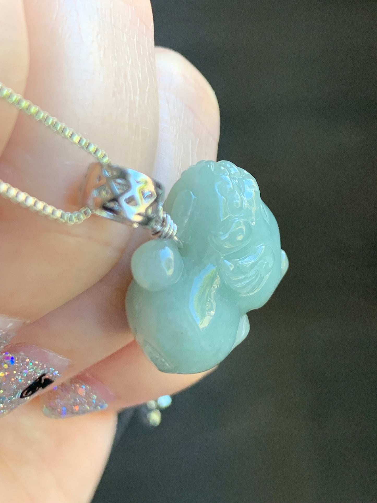 Natural Burmese Icy Translucent Dusty Light Green Jadeite Carved Flying Pixiu Pendant Sterling Silver Bail 天然缅甸冰暗绿翡翠飞天貔貅吊坠