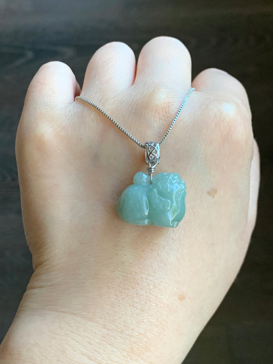 Natural Burmese Icy Translucent Dusty Light Green Jadeite Carved Flying Pixiu Pendant Sterling Silver Bail 天然缅甸冰暗绿翡翠飞天貔貅吊坠