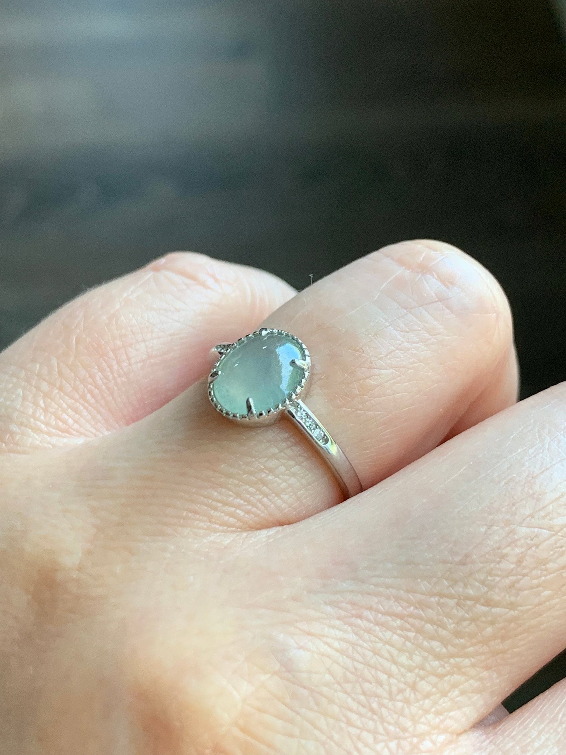 Natural Burmese Icy Highly Translucent Light Green Jadeite Ring Sterling Silver Size 7 Adjustable 天然缅甸冰淡晴底翡翠蛋面银镶戒指 221G