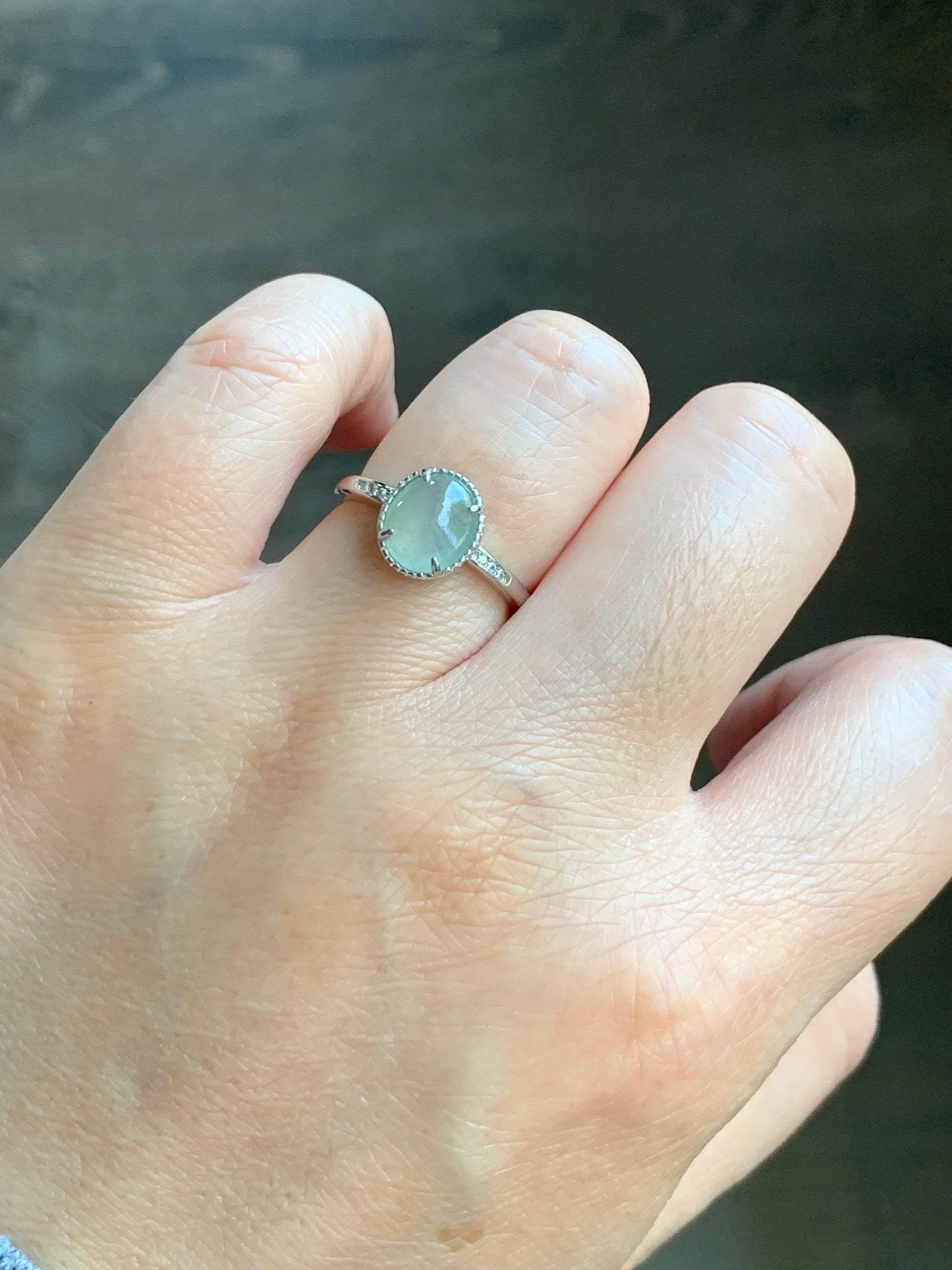 Natural Burmese Icy Highly Translucent Light Green Jadeite Ring Sterling Silver Size 7 Adjustable 天然缅甸冰淡晴底翡翠蛋面银镶戒指 221G