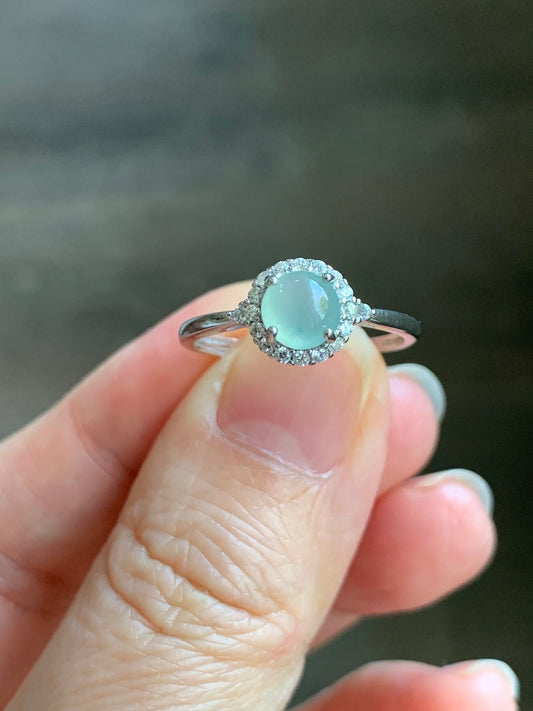 Natural Burmese Icy Highly Translucent Light Green Jadeite Ring Sterling Silver Size 7 Adjustable 天然缅甸冰淡晴底翡翠银镶戒指 221H