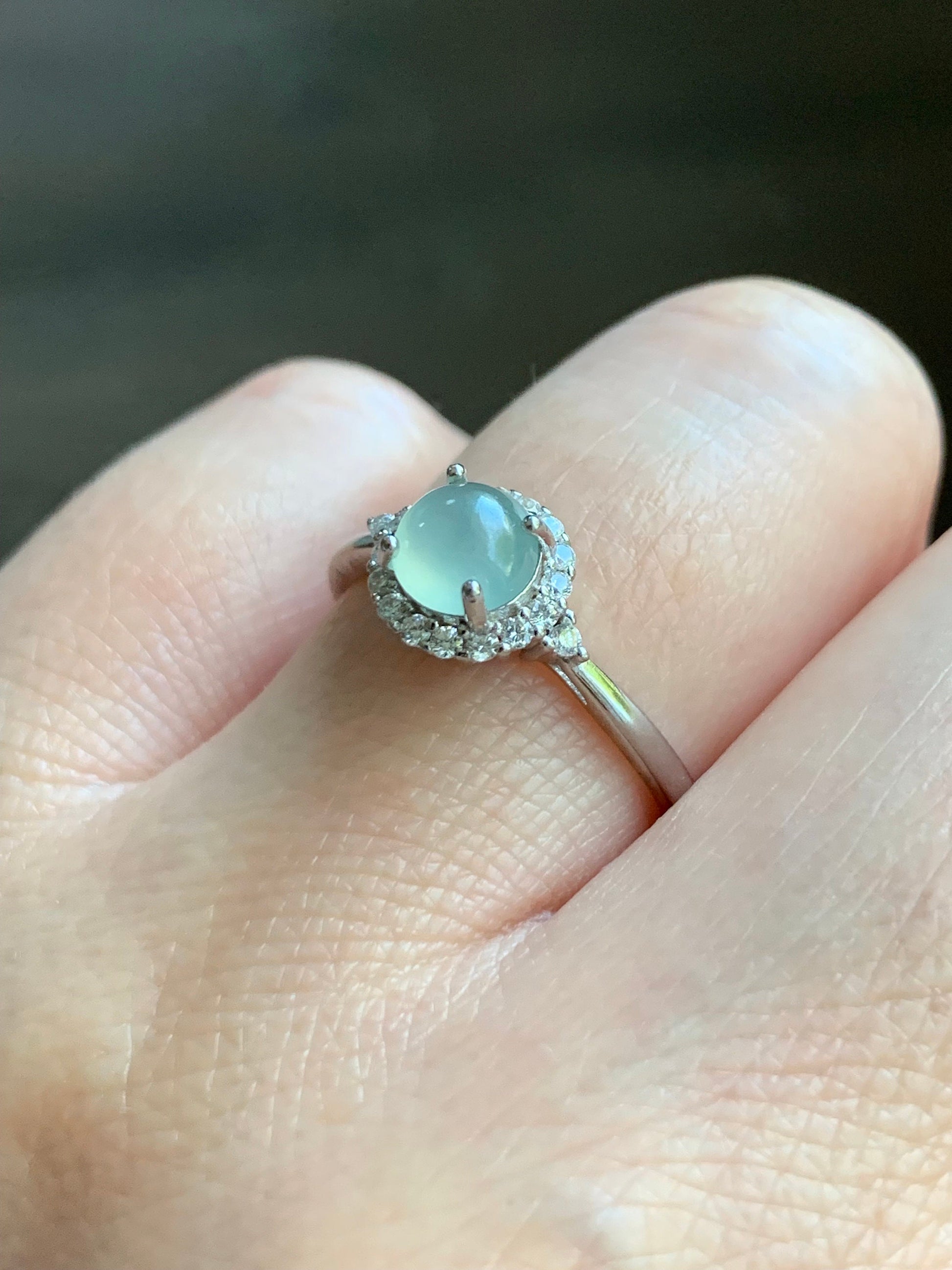 Natural Burmese Icy Highly Translucent Light Green Jadeite Ring Sterling Silver Size 7 Adjustable 天然缅甸冰淡晴底翡翠银镶戒指 221H