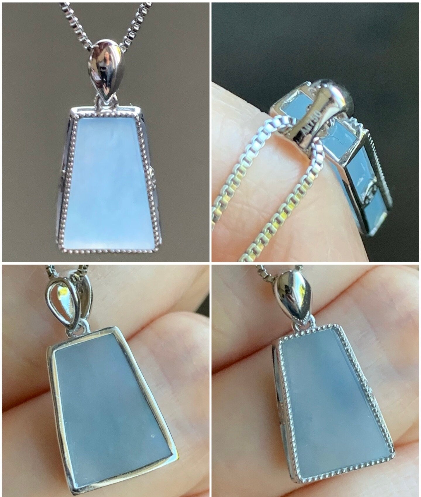 Certified Natural Burmese Icy Translucent Light Purplish Blue Jadeite Trapezoid Shaped Wu Shi Pai Pendant 18K White Gold 天然缅甸冰淡蓝紫翡翠梯形无事牌吊坠