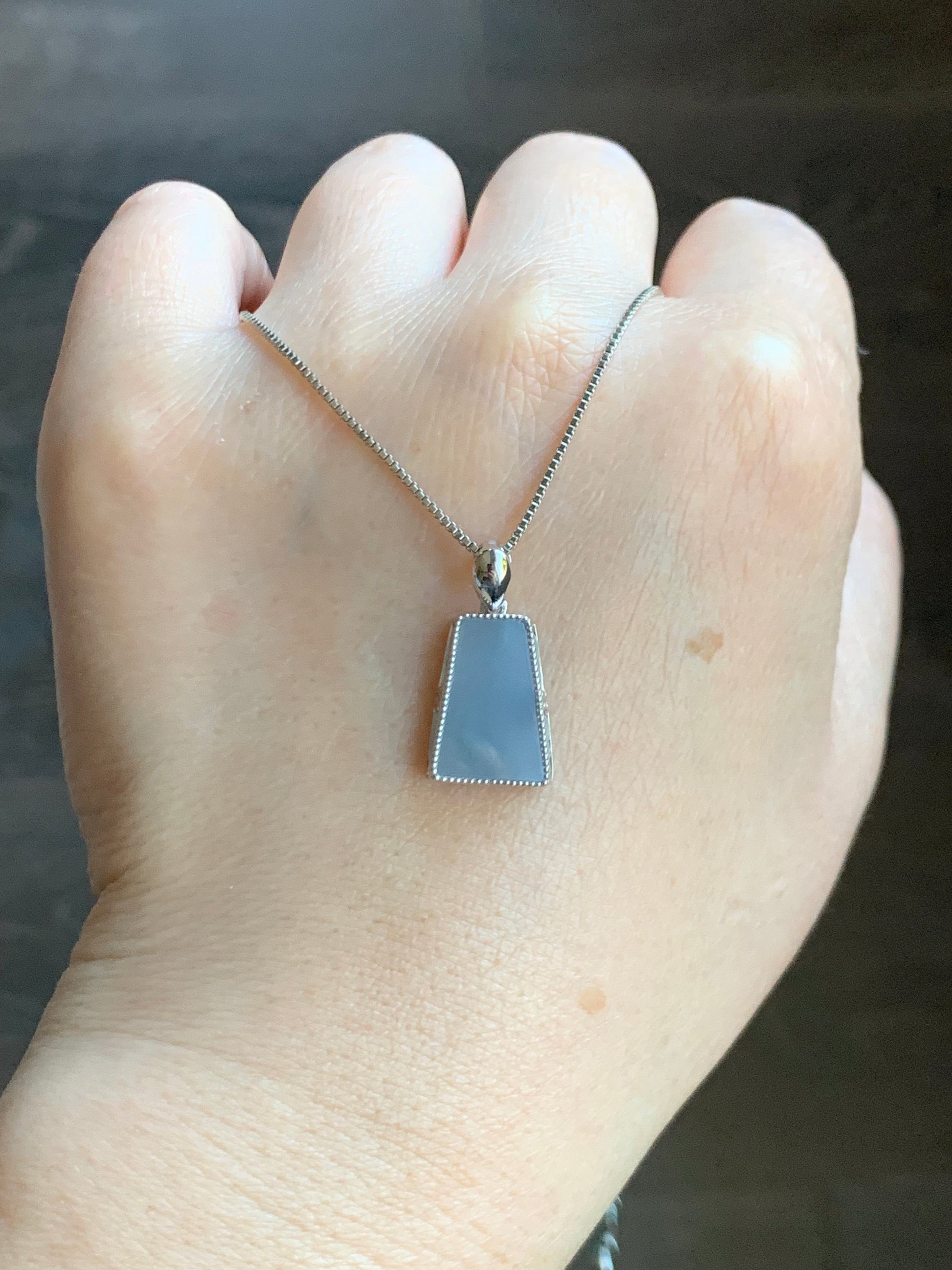 Certified Natural Burmese Icy Translucent Light Purplish Blue Jadeite Trapezoid Shaped Wu Shi Pai Pendant 18K White Gold 天然缅甸冰淡蓝紫翡翠梯形无事牌吊坠