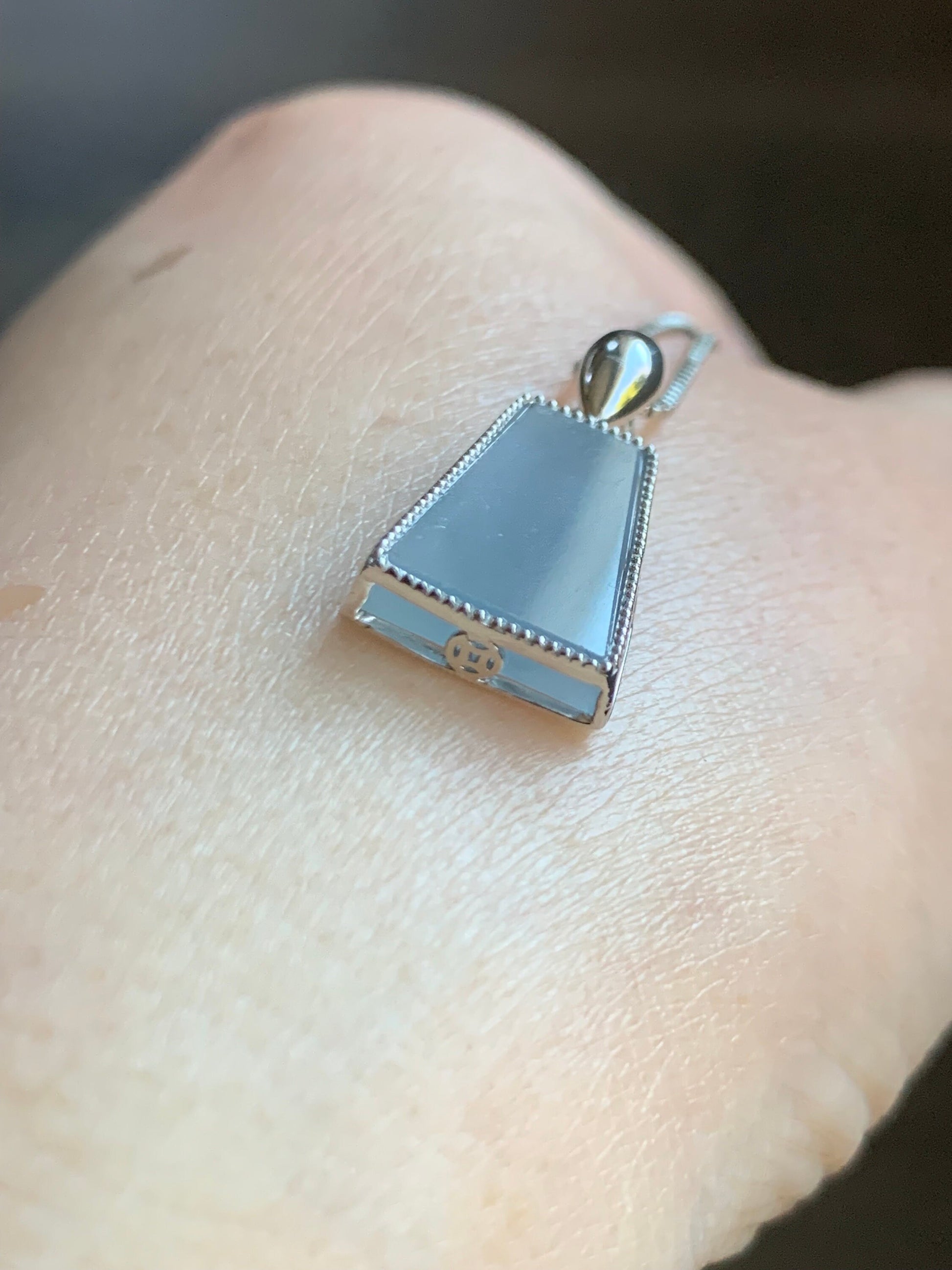 Certified Natural Burmese Icy Translucent Light Purplish Blue Jadeite Trapezoid Shaped Wu Shi Pai Pendant 18K White Gold 天然缅甸冰淡蓝紫翡翠梯形无事牌吊坠