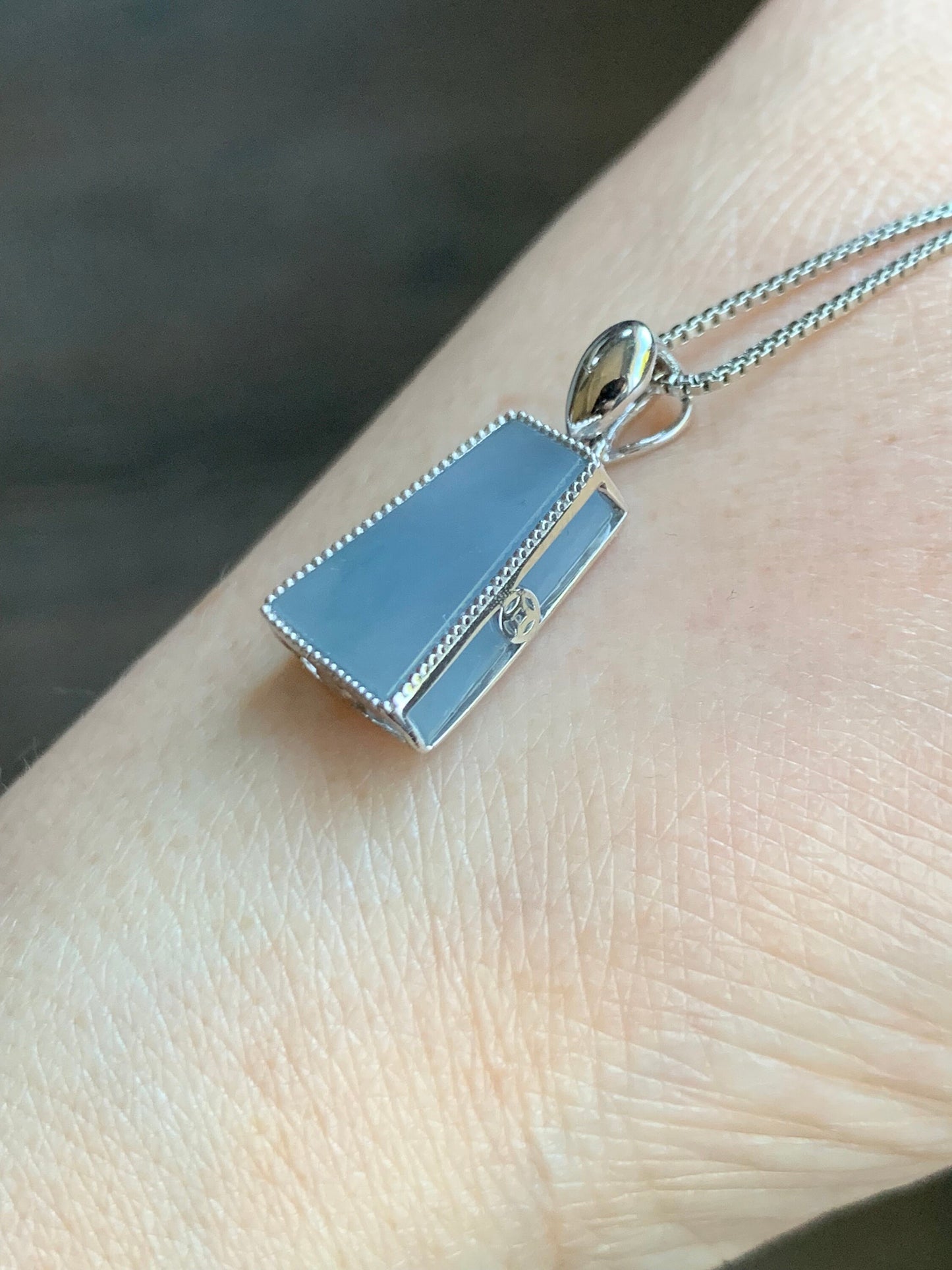 Certified Natural Burmese Icy Translucent Light Purplish Blue Jadeite Trapezoid Shaped Wu Shi Pai Pendant 18K White Gold 天然缅甸冰淡蓝紫翡翠梯形无事牌吊坠
