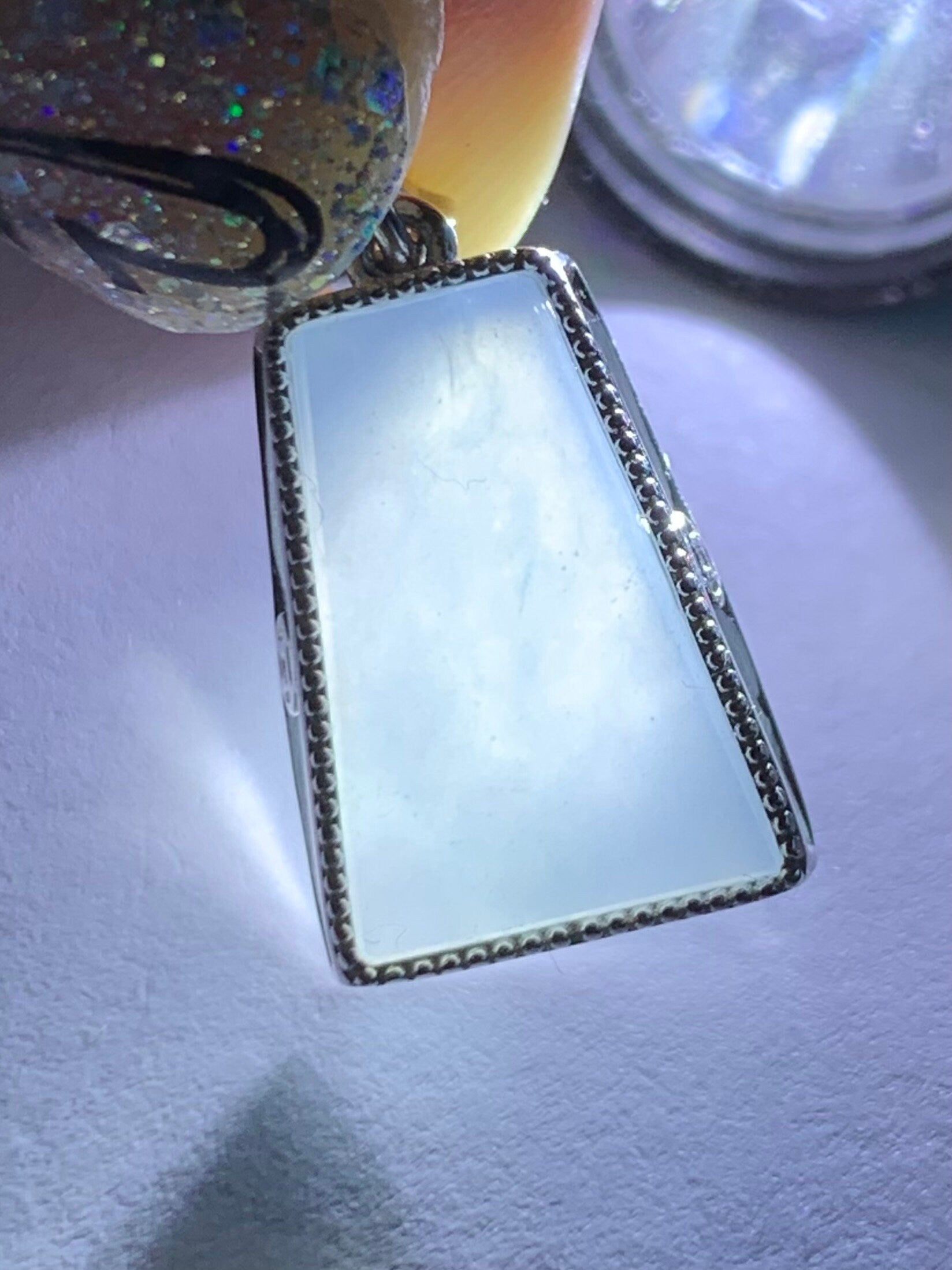 Certified Natural Burmese Icy Translucent Light Purplish Blue Jadeite Trapezoid Shaped Wu Shi Pai Pendant 18K White Gold 天然缅甸冰淡蓝紫翡翠梯形无事牌吊坠