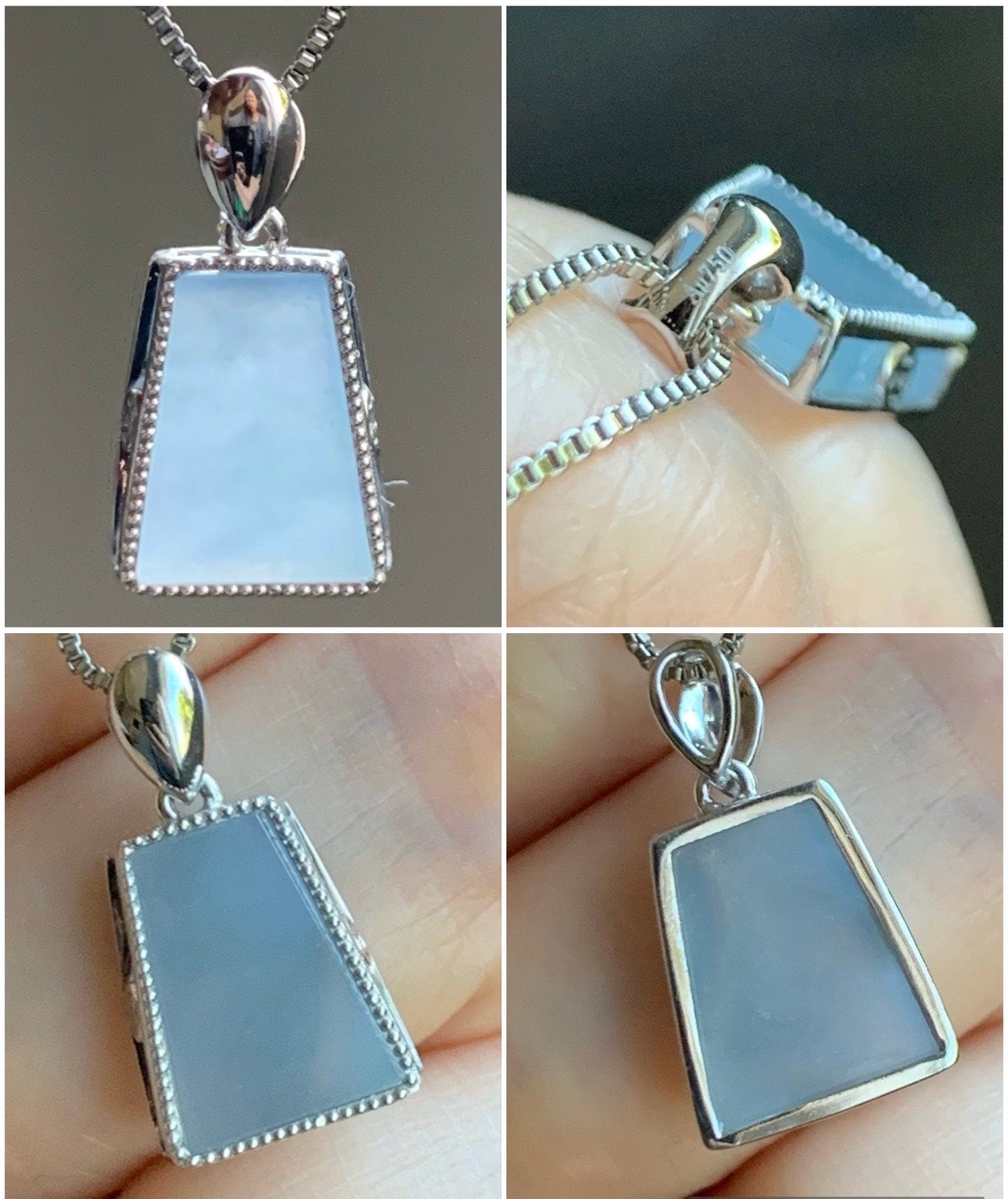 Certified Natural Burmese Icy Translucent Light Purplish Blue Jadeite Trapezoid Shaped Wu Shi Pai Pendant 18K White Gold 天然缅甸冰淡蓝紫翡翠梯形无事牌吊坠