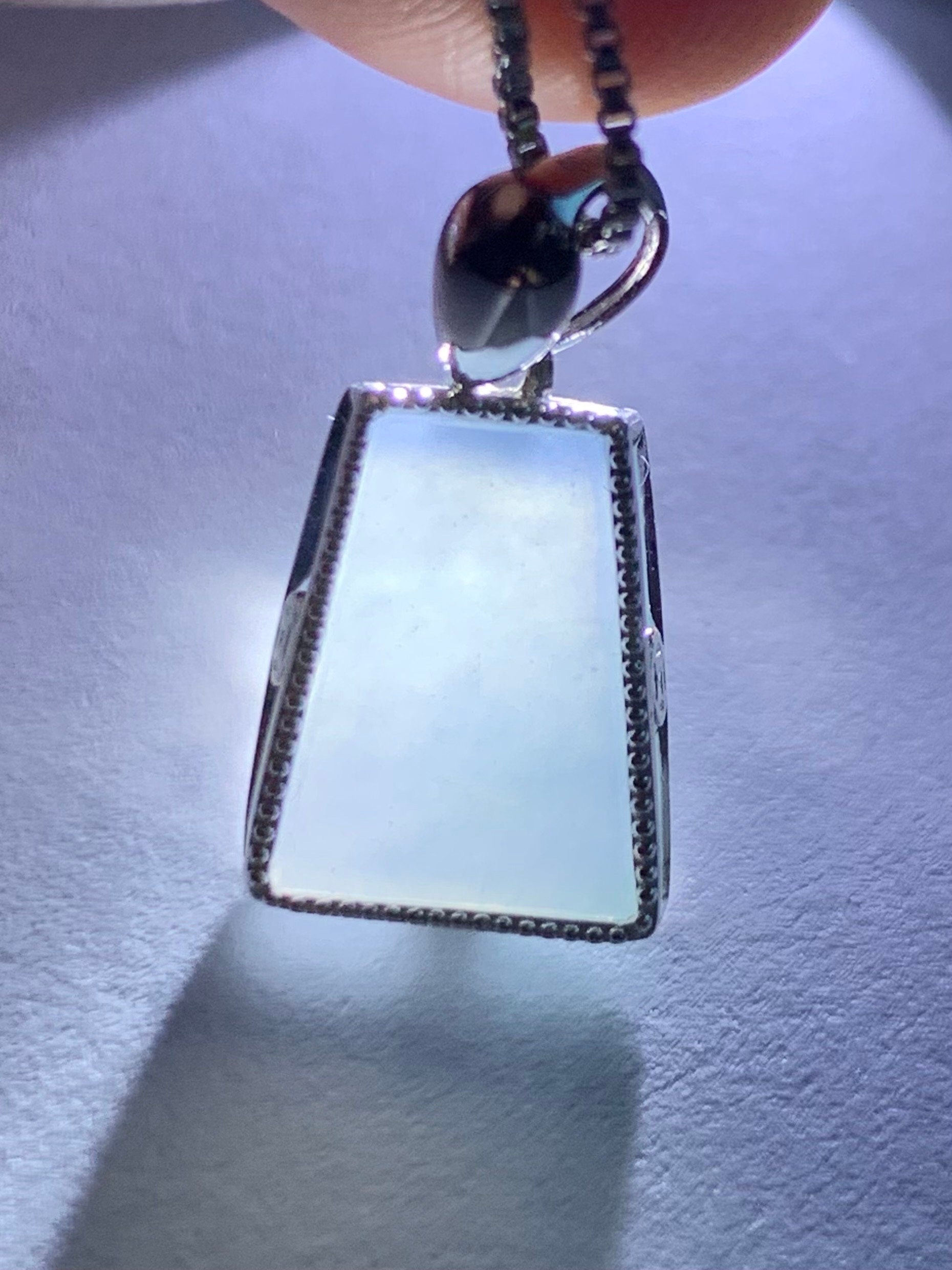 Certified Natural Burmese Icy Translucent Light Purplish Blue Jadeite Trapezoid Shaped Wu Shi Pai Pendant 18K White Gold 天然缅甸冰淡蓝紫翡翠梯形无事牌吊坠
