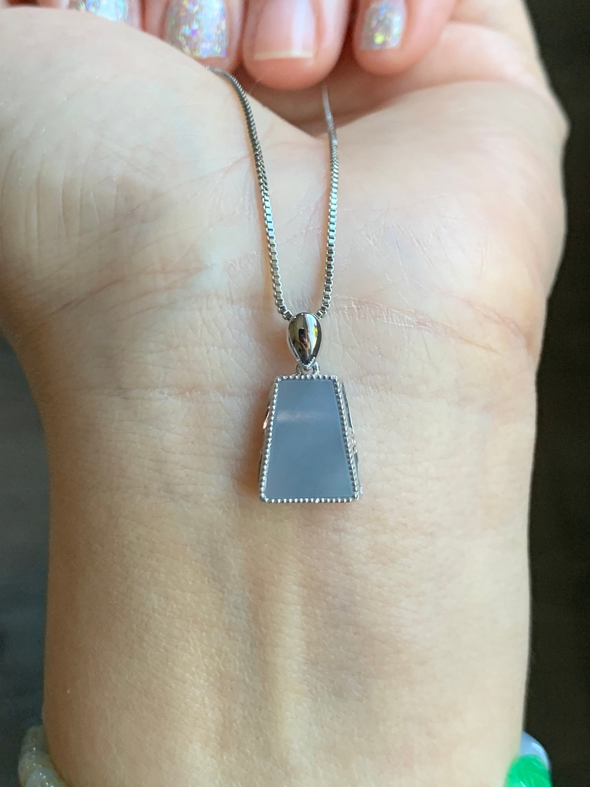 Certified Natural Burmese Icy Translucent Light Purplish Blue Jadeite Trapezoid Shaped Wu Shi Pai Pendant 18K White Gold 天然缅甸冰淡蓝紫翡翠梯形无事牌吊坠