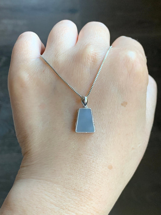 Certified Natural Burmese Icy Translucent Light Purplish Blue Jadeite Trapezoid Shaped Wu Shi Pai Pendant 18K White Gold 天然缅甸冰淡蓝紫翡翠梯形无事牌吊坠