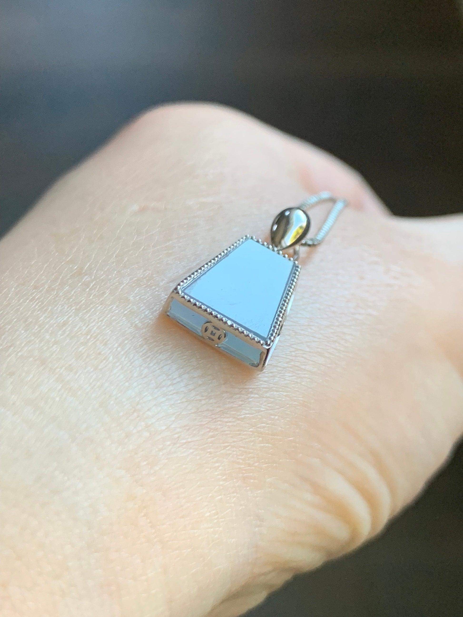 Certified Natural Burmese Icy Translucent Light Purplish Blue Jadeite Trapezoid Shaped Wu Shi Pai Pendant 18K White Gold 天然缅甸冰淡蓝紫翡翠梯形无事牌吊坠