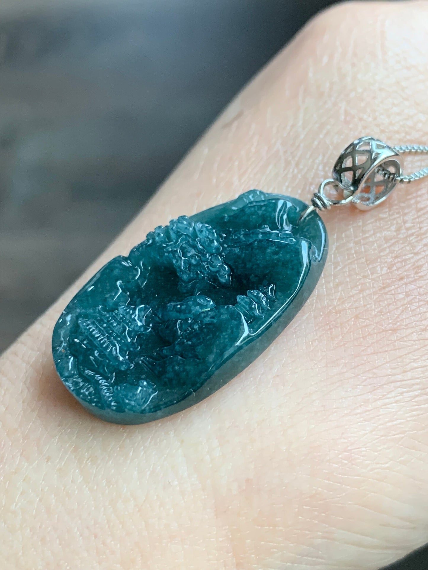 Natural Guatemalan Dark Teal Blue Jadeite Carved Shan Shui Pai Landscape Tag Pendant Sterling Silver 天然冰危深蓝水翡翠山水牌吊坠 B