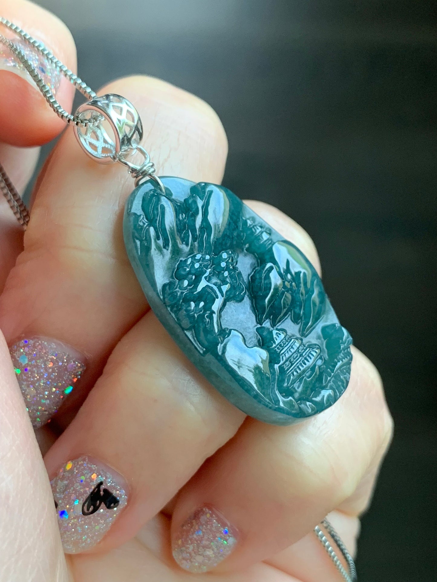Natural Guatemalan Dark Teal Blue Jadeite Carved Shan Shui Pai Landscape Tag Pendant Sterling Silver 天然冰危深蓝水翡翠山水牌吊坠 B